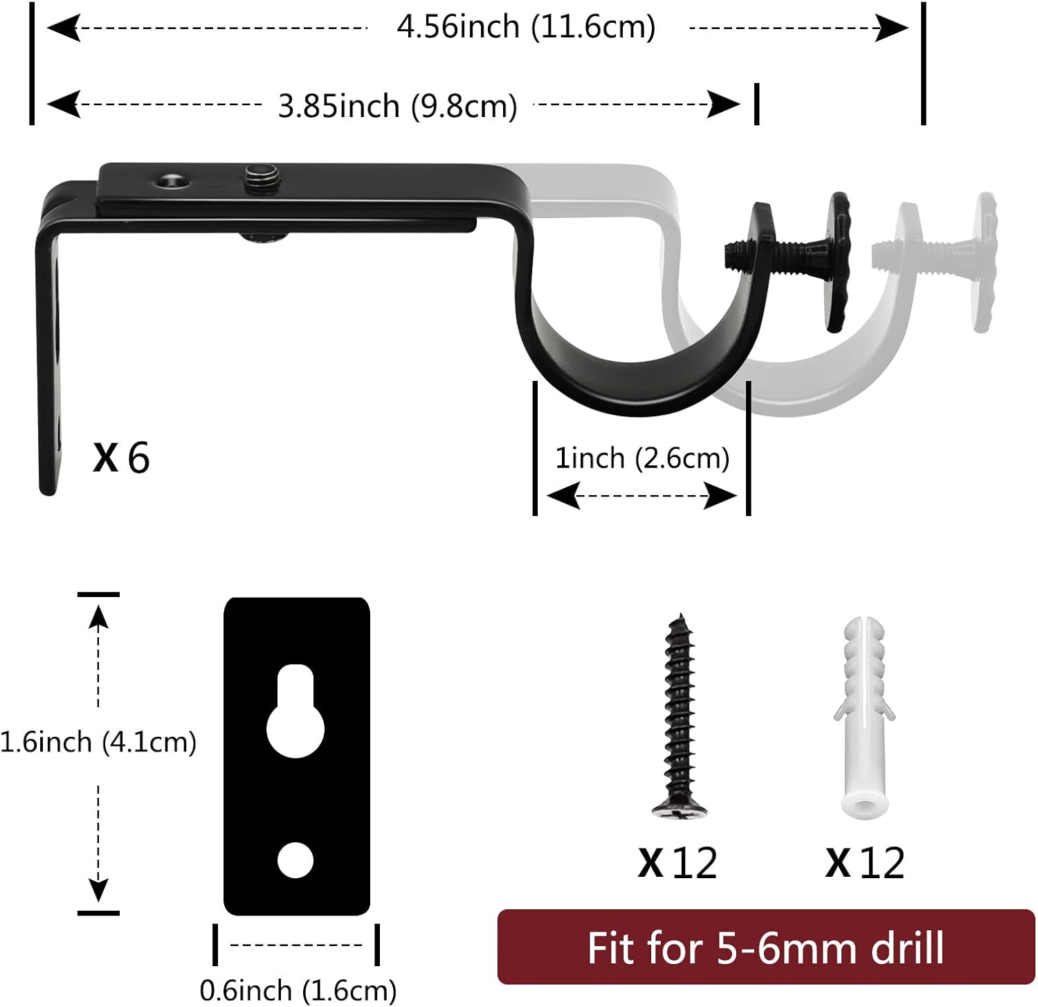 Adjustable Curtain Rod Bracket - 1 Inch Black Heavy Duty Hooks 6 Pack Hardware Extender Drapery Pole Holder for Wall - Image 2