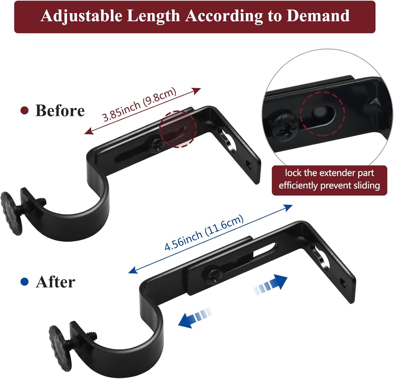 Adjustable Curtain Rod Bracket - 1 Inch Black Heavy Duty Hooks 6 Pack Hardware Extender Drapery Pole Holder for Wall - Image 3