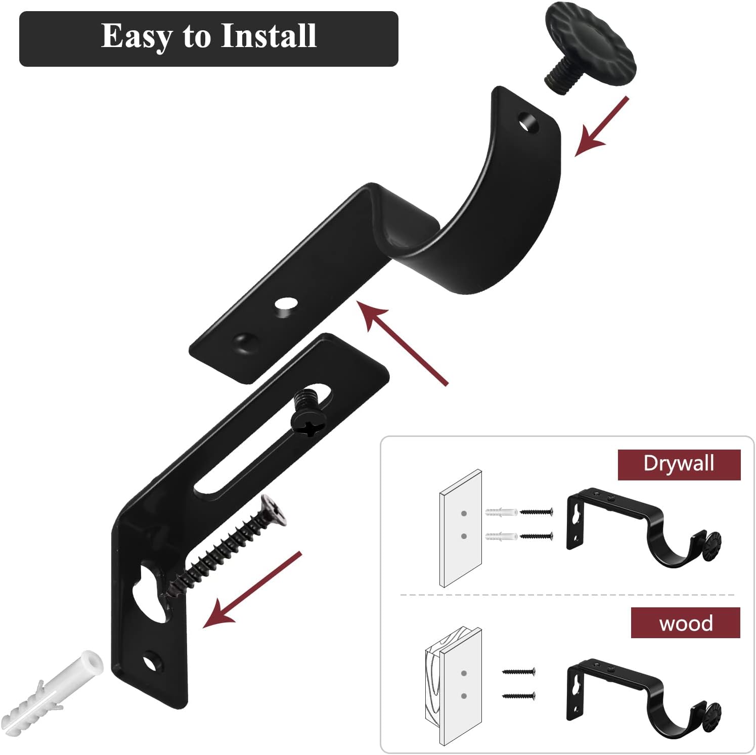 Adjustable Curtain Rod Bracket - 1 Inch Black Heavy Duty Hooks 6 Pack Hardware Extender Drapery Pole Holder for Wall - Image 5
