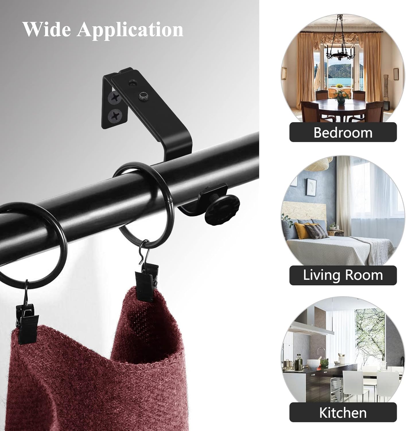 Adjustable Curtain Rod Bracket - 1 Inch Black Heavy Duty Hooks 6 Pack Hardware Extender Drapery Pole Holder for Wall - Image 7