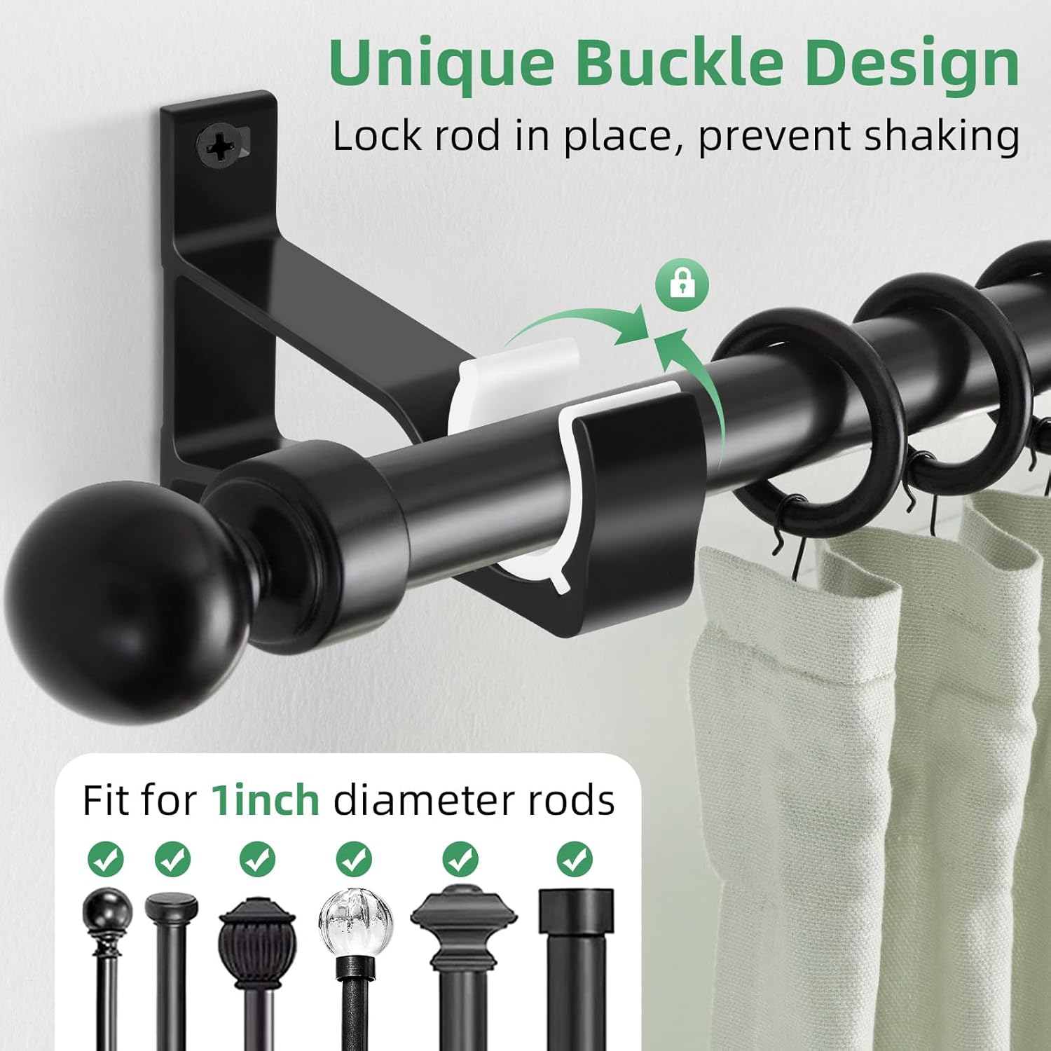 Curtain Rod Bracket, 4 Pack Heavy Duty Rods Holders Black Curtain Rod Hooks Brackets for Wall Single Drapery Rods Hangers Support Fit for 1 Inch Drape Pole - Image 4