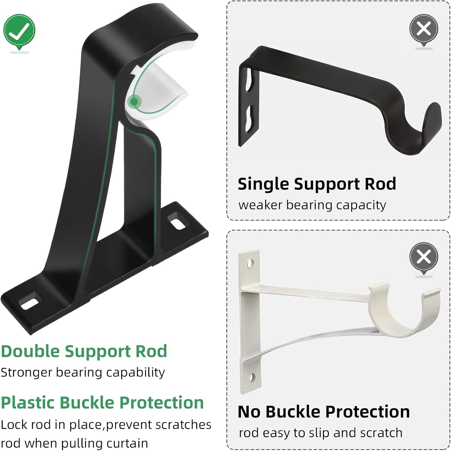 Curtain Rod Bracket, 4 Pack Heavy Duty Rods Holders Black Curtain Rod Hooks Brackets for Wall Single Drapery Rods Hangers Support Fit for 1 Inch Drape Pole - Image 5