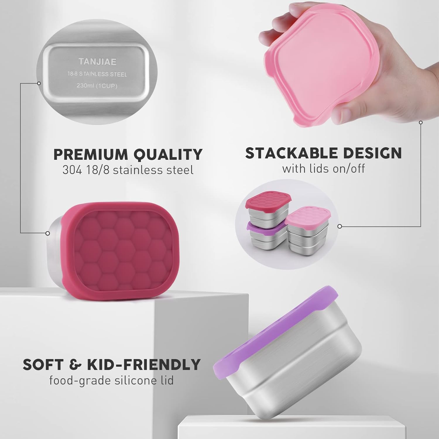 Small (1 CUP) Stainless Steel Snack Containers for Kids | Easy Open Leak Proof Food Containers with Silicone Lids - Perfect l Toddler Lunch Box for Daycare and School (8oz) - Image 4