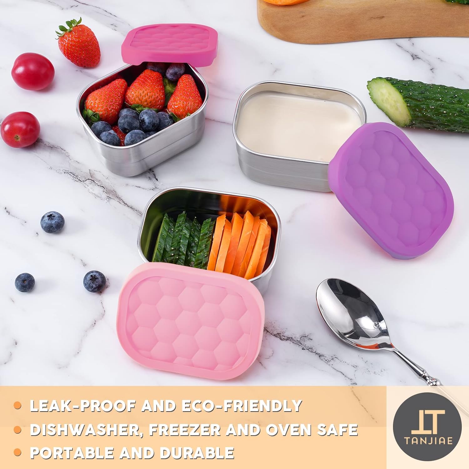 Small (1 CUP) Stainless Steel Snack Containers for Kids | Easy Open Leak Proof Food Containers with Silicone Lids - Perfect l Toddler Lunch Box for Daycare and School (8oz) - Image 5