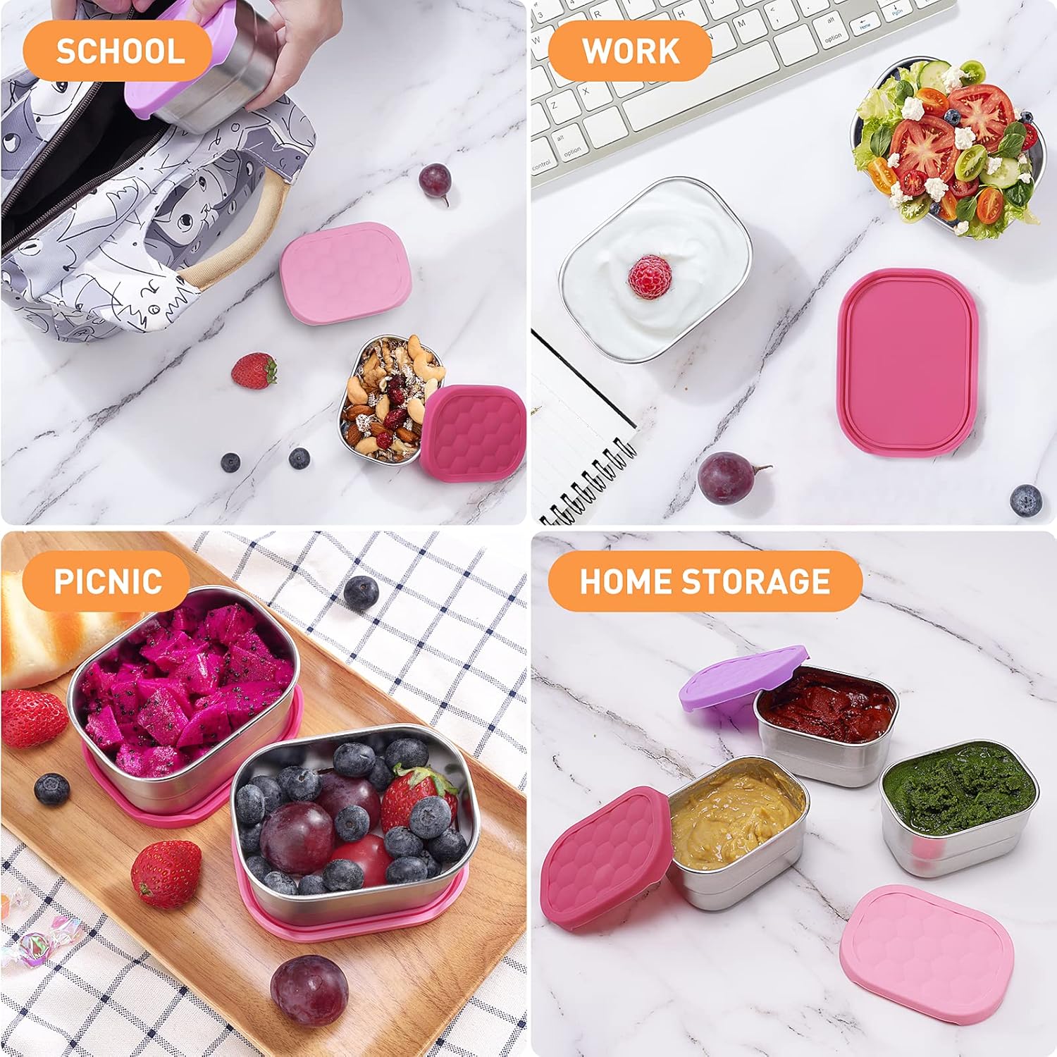 Small (1 CUP) Stainless Steel Snack Containers for Kids | Easy Open Leak Proof Food Containers with Silicone Lids - Perfect l Toddler Lunch Box for Daycare and School (8oz) - Image 7
