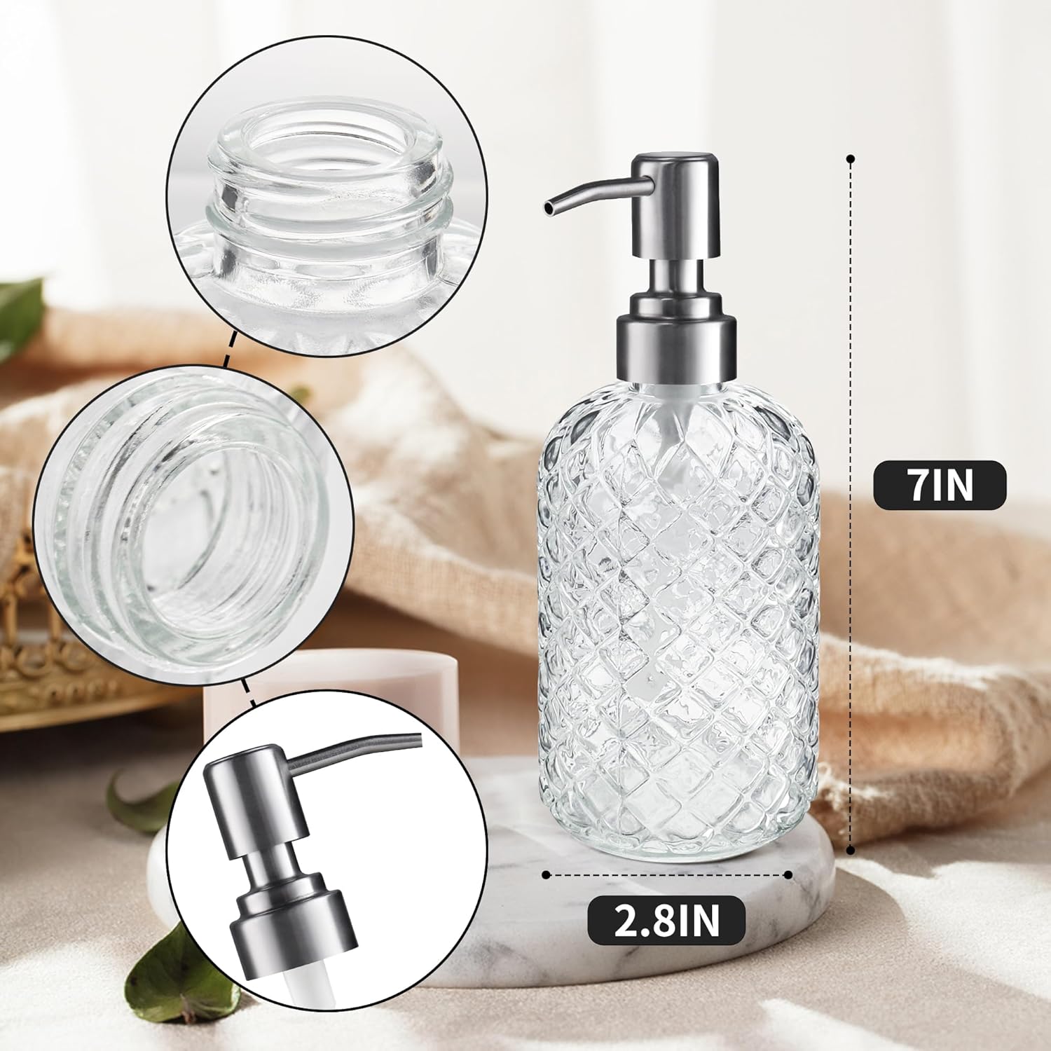 14 Oz Refillable Glass Soap Dispenser with Rust Proof Stainless Steel Pump, for Dispense Hand soap, Body wash, Lotion - Image 2