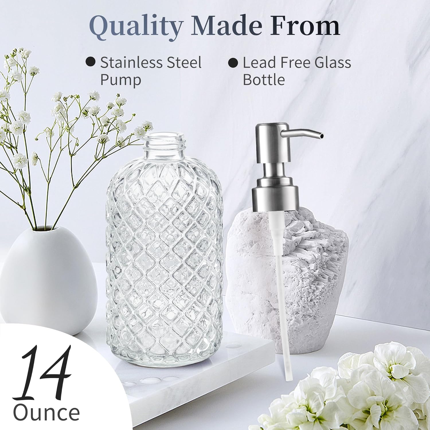 14 Oz Refillable Glass Soap Dispenser with Rust Proof Stainless Steel Pump, for Dispense Hand soap, Body wash, Lotion - Image 3