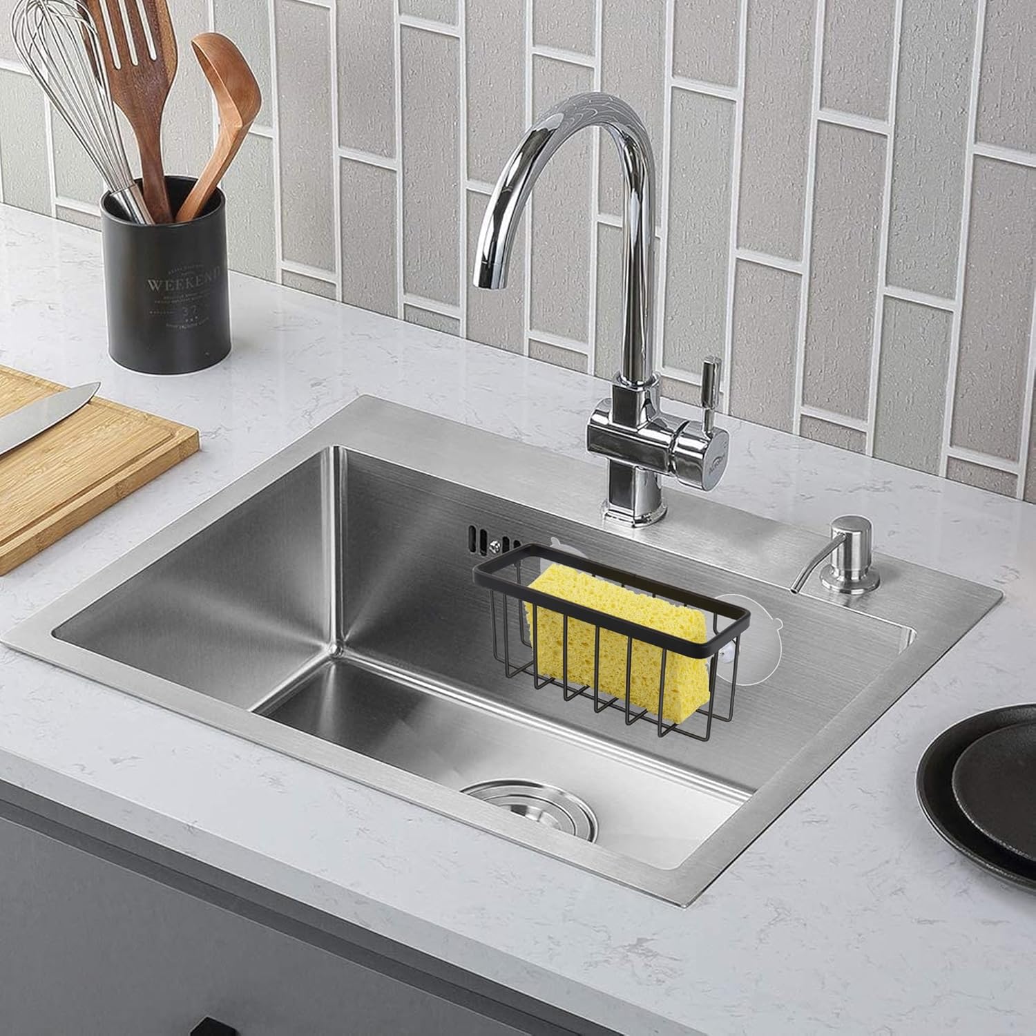 Sponge Holder for Kitchen Sink Suction,Stainless Steel Sponge Holder for Sponges, Scrubbers, Soap, Kitchen, Bathroom, Black - Image 4