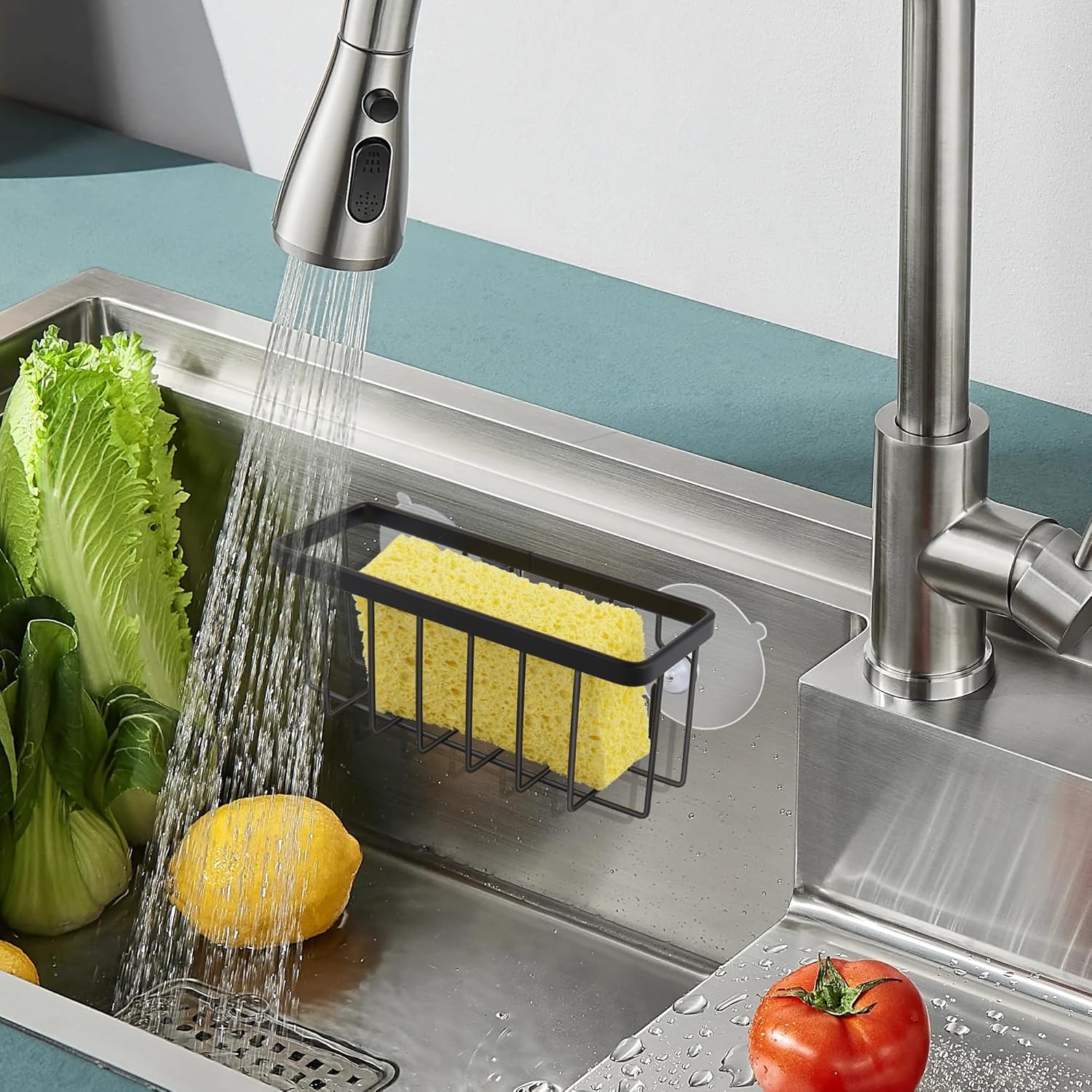 Sponge Holder for Kitchen Sink Suction,Stainless Steel Sponge Holder for Sponges, Scrubbers, Soap, Kitchen, Bathroom, Black - Image 5