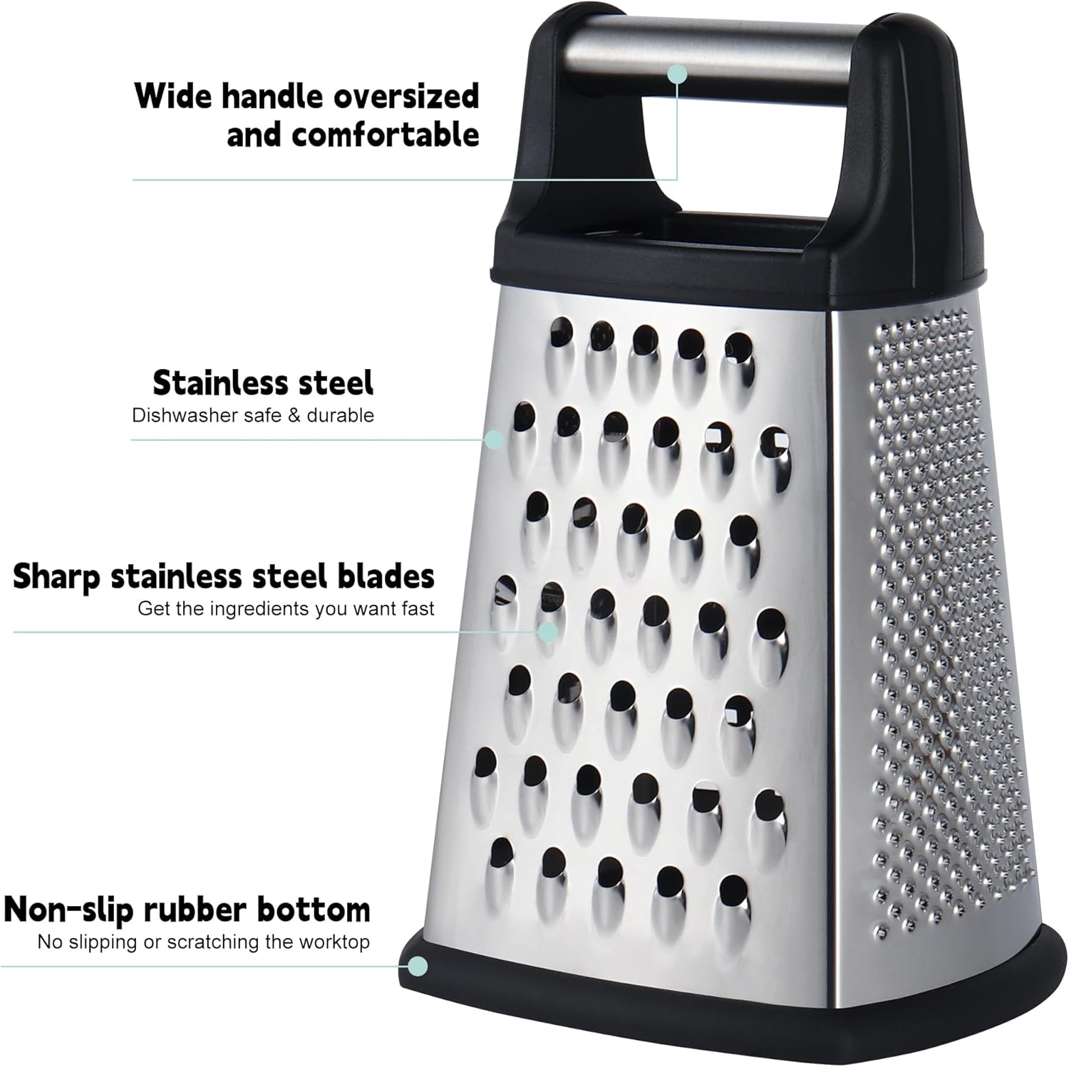 Professional Cheese Grater, 4-Sided Stainless Steel Box Grater, Food Shredder for Cheese, Parmesan, Vegetable, Black - Image 2