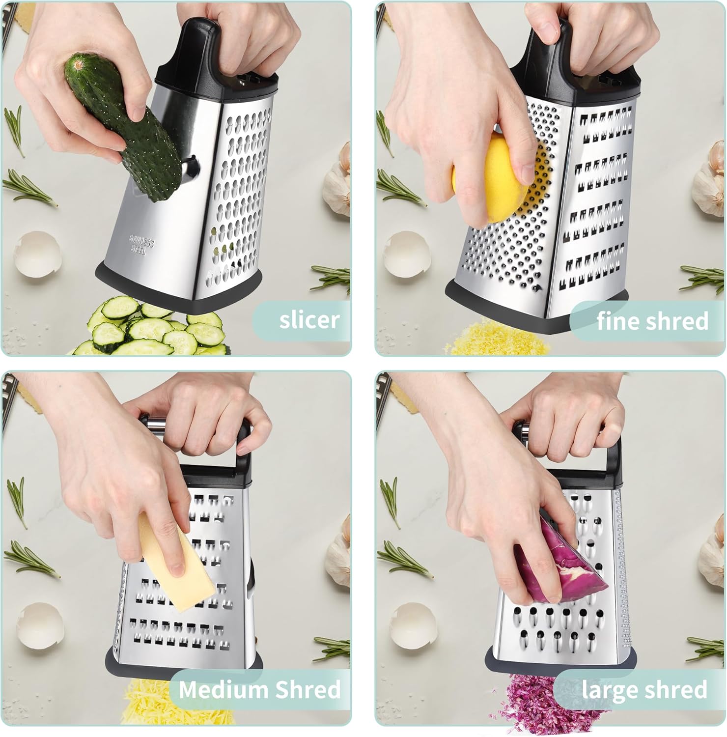 Professional Cheese Grater, 4-Sided Stainless Steel Box Grater, Food Shredder for Cheese, Parmesan, Vegetable, Black - Image 3