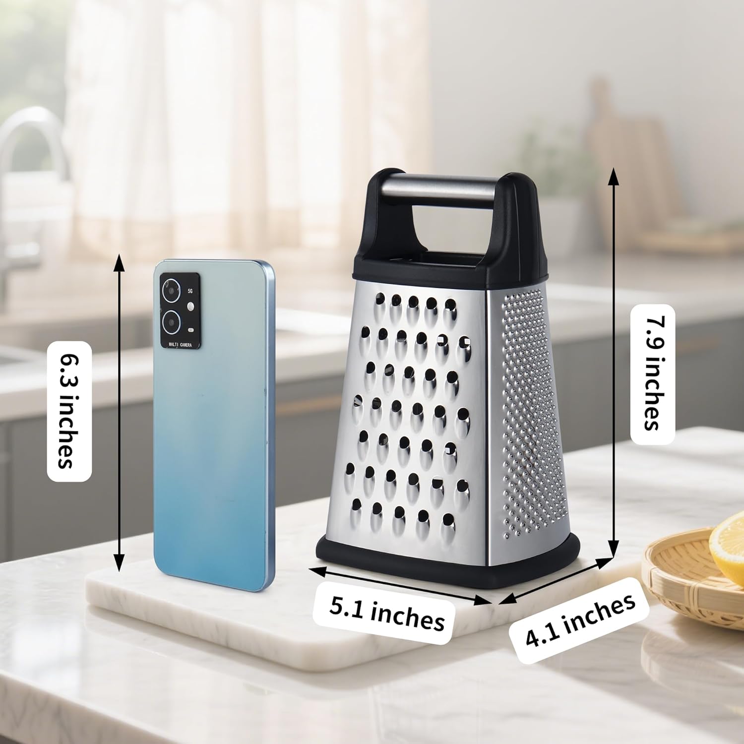 Professional Cheese Grater, 4-Sided Stainless Steel Box Grater, Food Shredder for Cheese, Parmesan, Vegetable, Black - Image 4