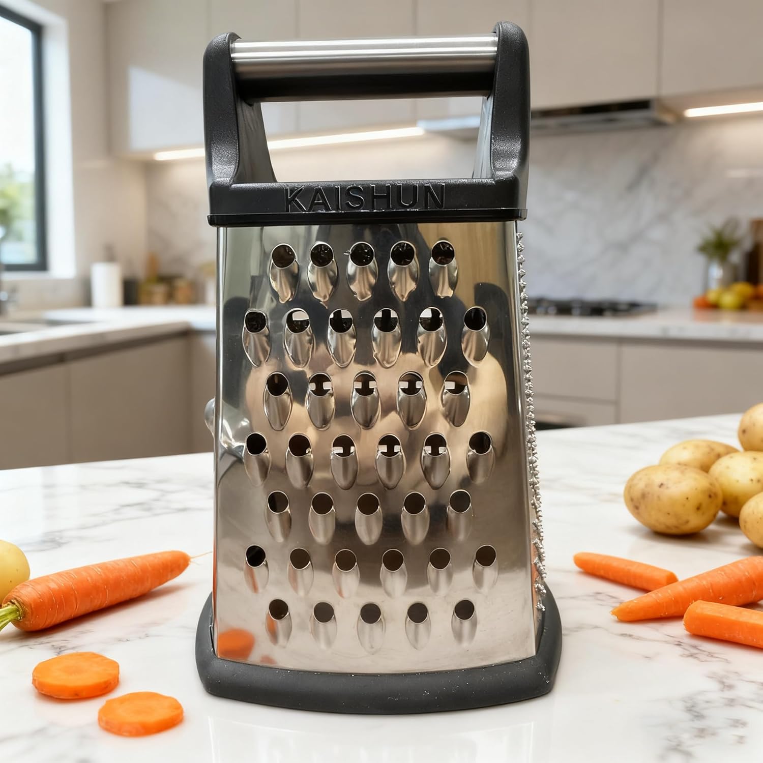 Professional Cheese Grater, 4-Sided Stainless Steel Box Grater, Food Shredder for Cheese, Parmesan, Vegetable, Black - Image 7