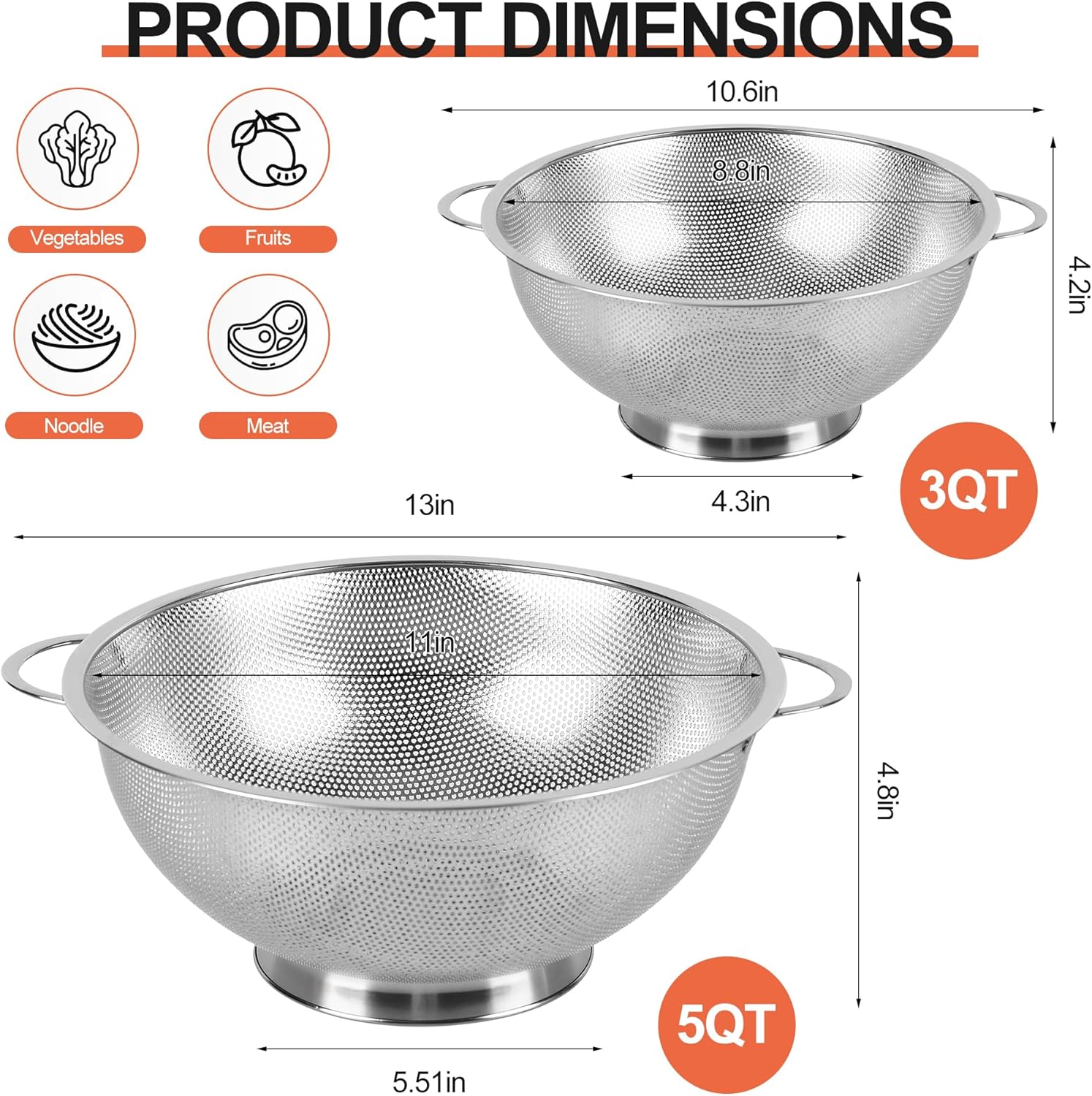Colander Stainless Steel 3-Quart, Strainer for Kitchen Food, Dishwasher Safe - Image 2