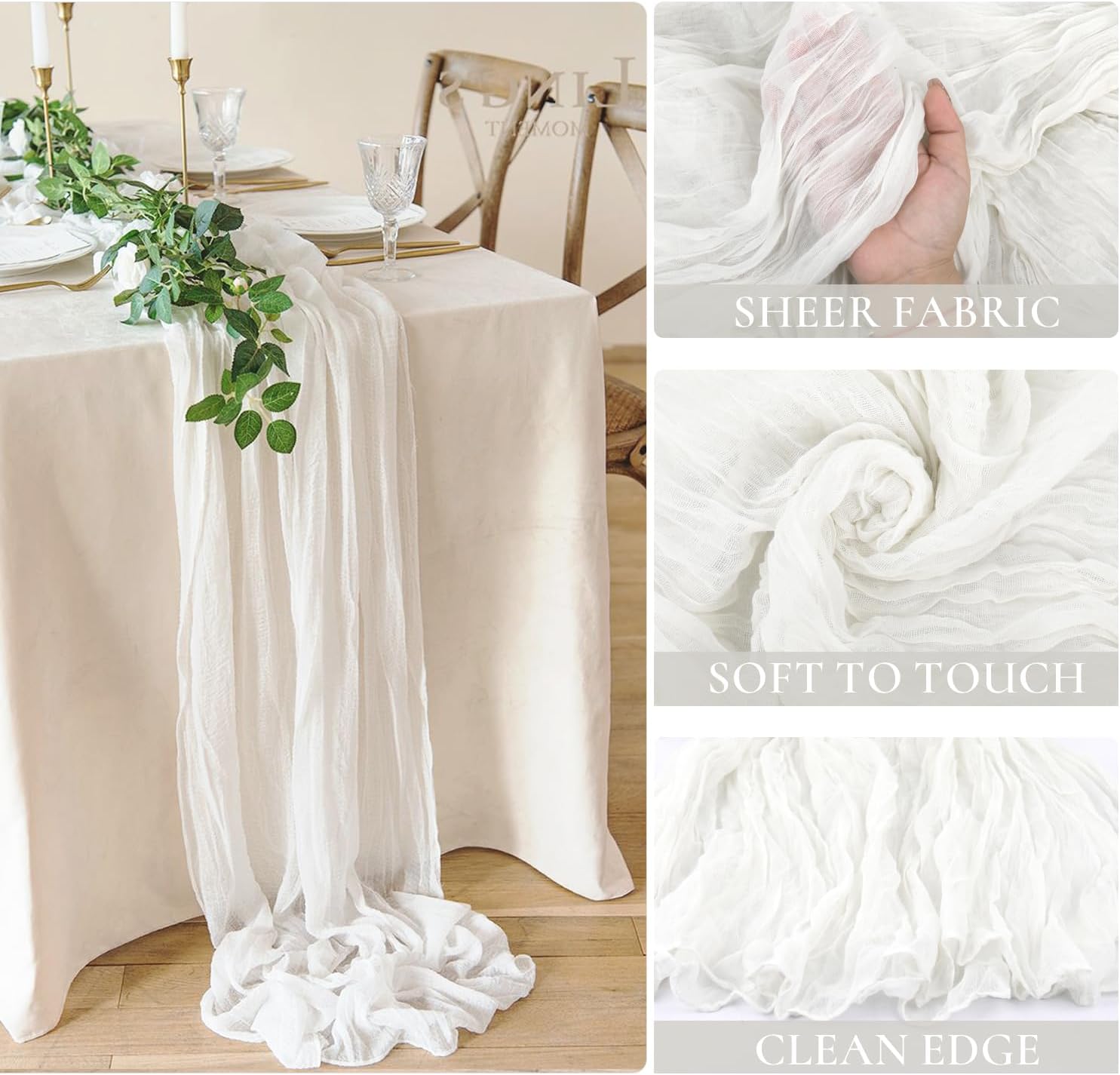 White Cheesecloth Table Runner 10FT Long Boho Gauze Table Runner Rustic Sheer Runner for Wedding Bridal Baby Shower Birthday Party Table Decor Decorations (35x120inch) - Image 3