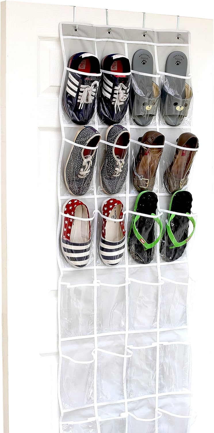 SimpleHouseware Crystal Clear Over The Door Hanging Shoe Organizer, 24 Pockets, Grey (162.6 cm H x 48.6 cm W) - Image 1