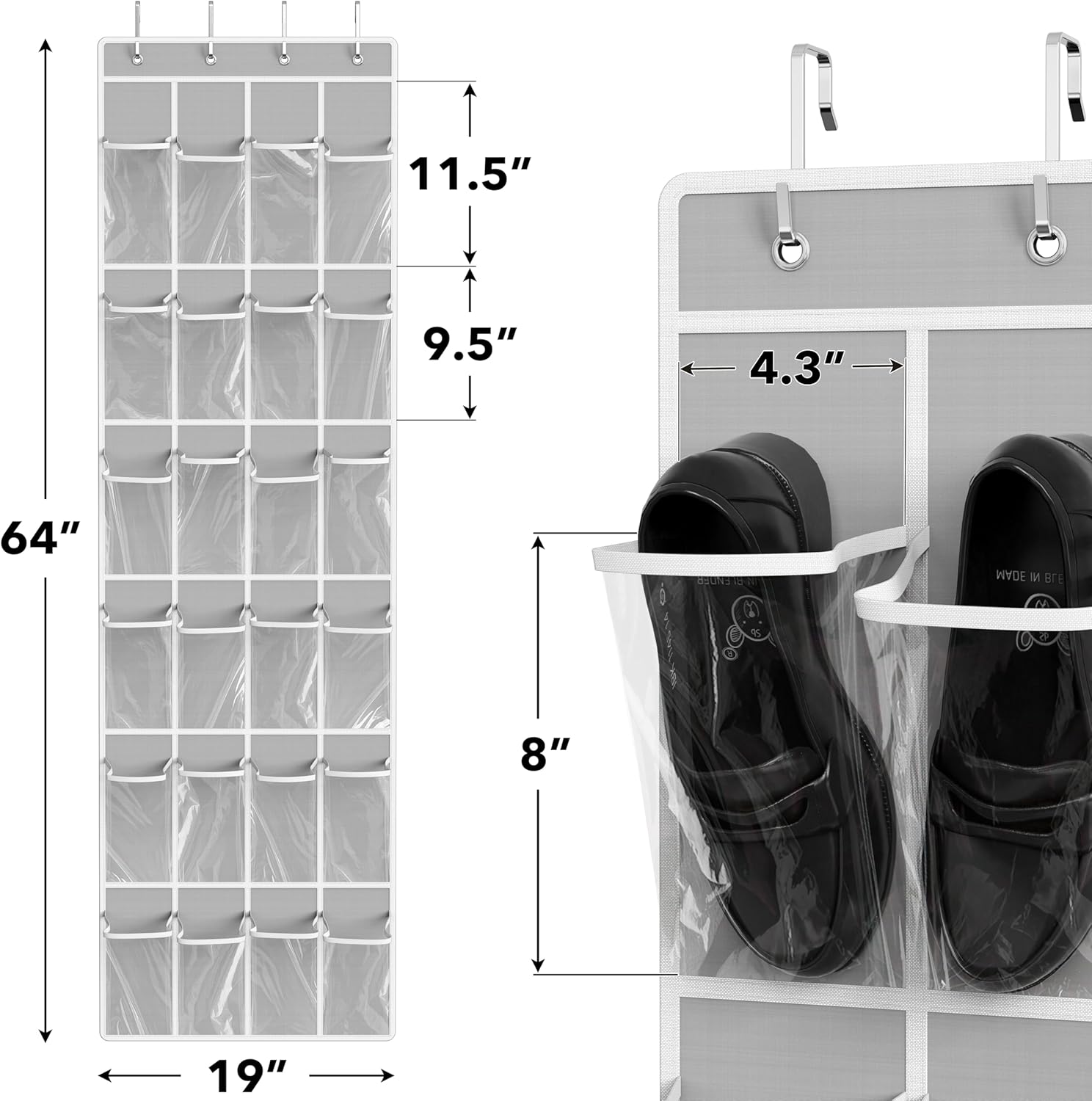 SimpleHouseware Crystal Clear Over The Door Hanging Shoe Organizer, 24 Pockets, Grey (162.6 cm H x 48.6 cm W) - Image 2