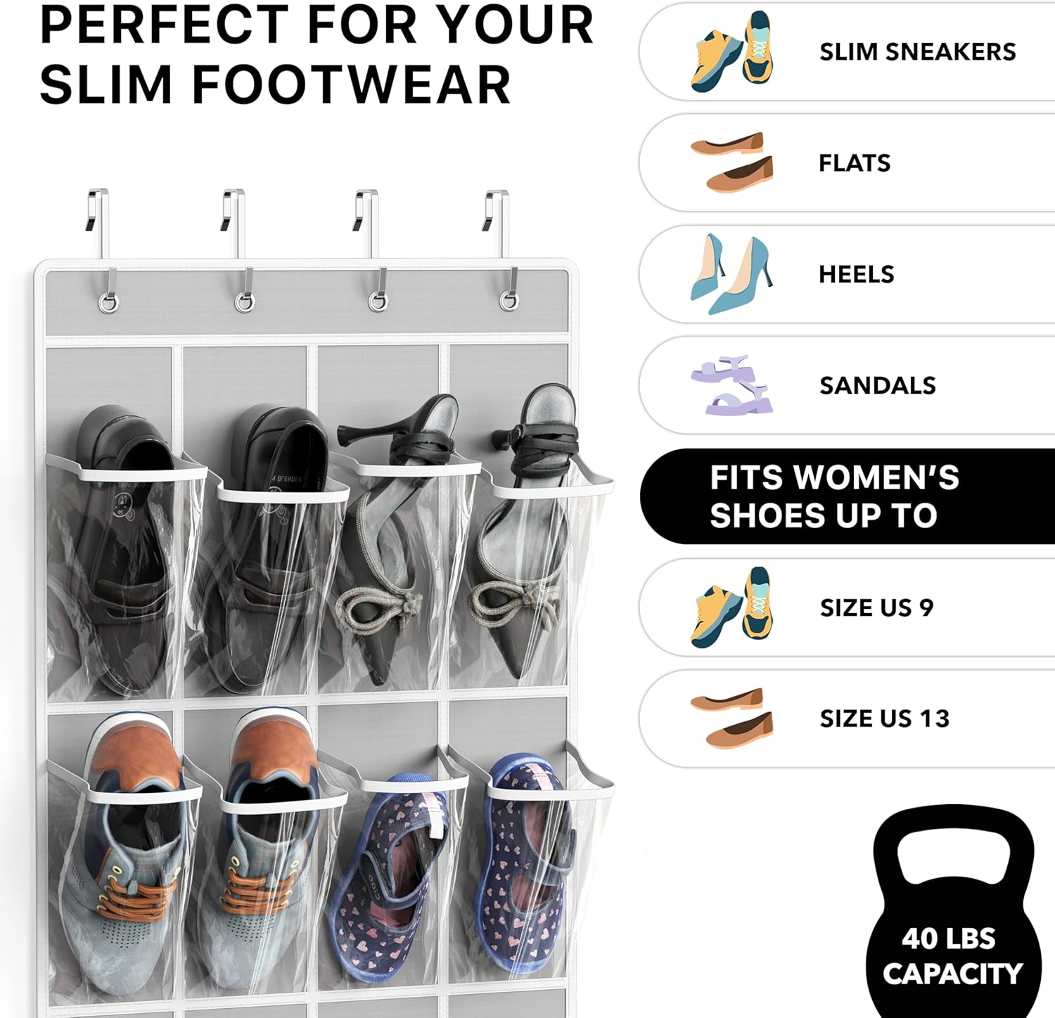 SimpleHouseware Crystal Clear Over The Door Hanging Shoe Organizer, 24 Pockets, Grey (162.6 cm H x 48.6 cm W) - Image 4