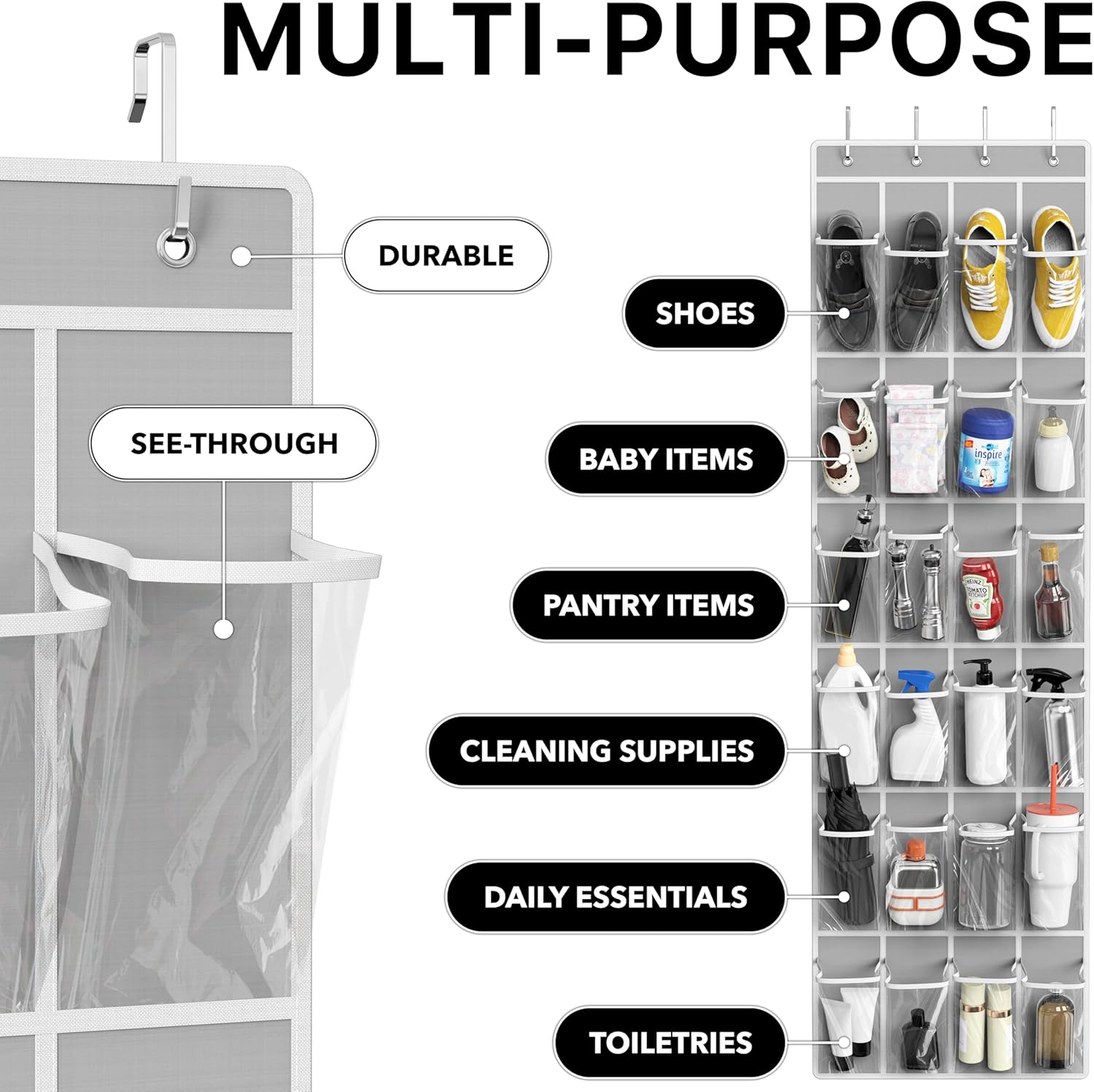 SimpleHouseware Crystal Clear Over The Door Hanging Shoe Organizer, 24 Pockets, Grey (162.6 cm H x 48.6 cm W) - Image 5