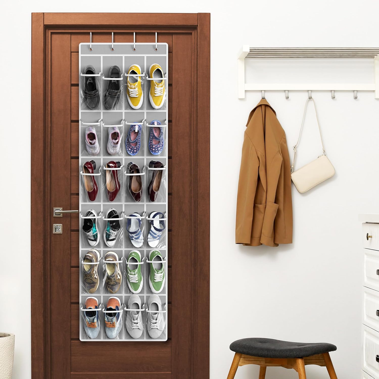 SimpleHouseware Crystal Clear Over The Door Hanging Shoe Organizer, 24 Pockets, Grey (162.6 cm H x 48.6 cm W) - Image 6