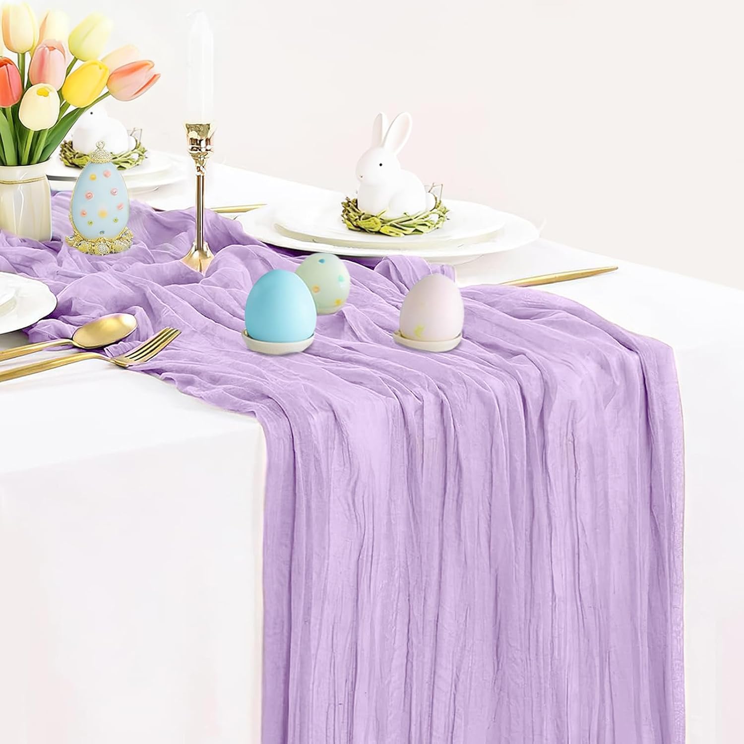 Lilac Purple Cheese Cloth Table Runner Easter Spring Boho Romantic 10ft Lavender Gauze Cheesecloth Table Runner for Baby Shower Decoration Wedding Bridal Shower Table Decor (35x120inch) - Image 1