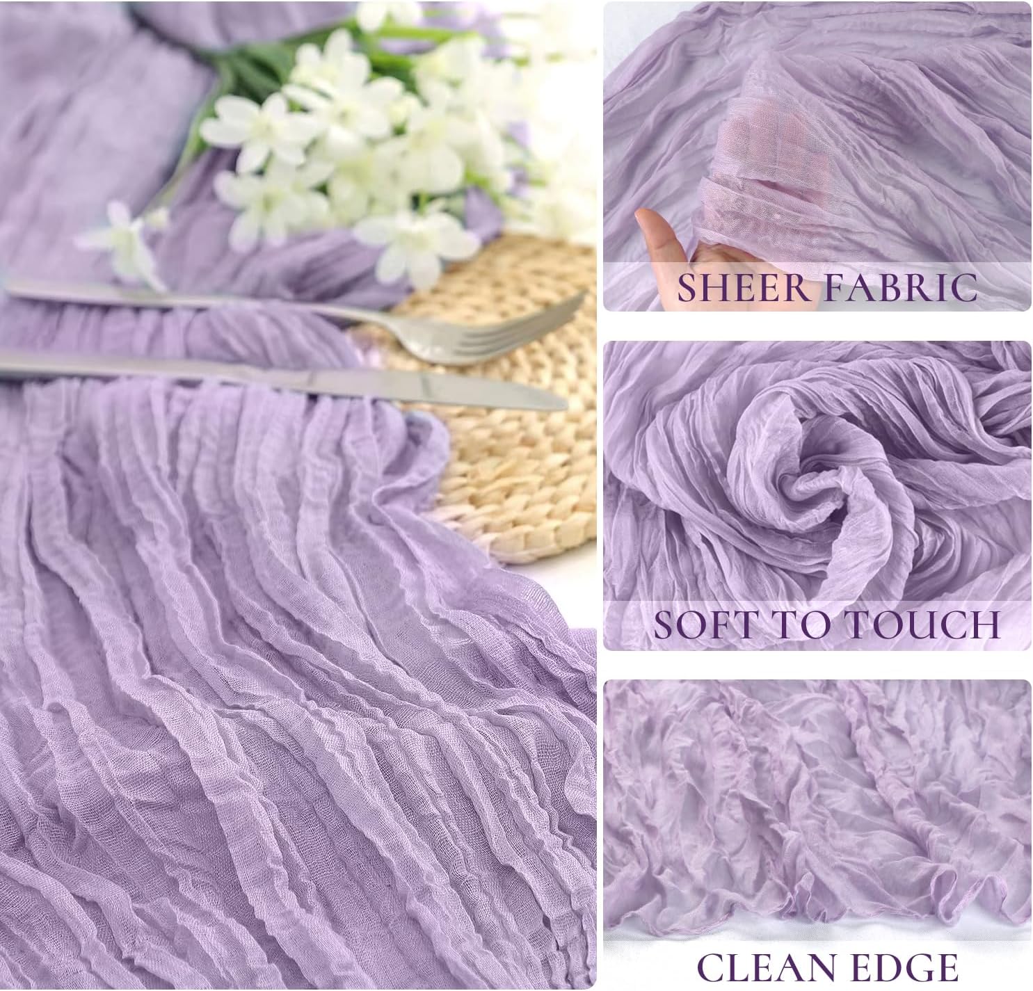 Lilac Purple Cheese Cloth Table Runner Easter Spring Boho Romantic 10ft Lavender Gauze Cheesecloth Table Runner for Baby Shower Decoration Wedding Bridal Shower Table Decor (35x120inch) - Image 3