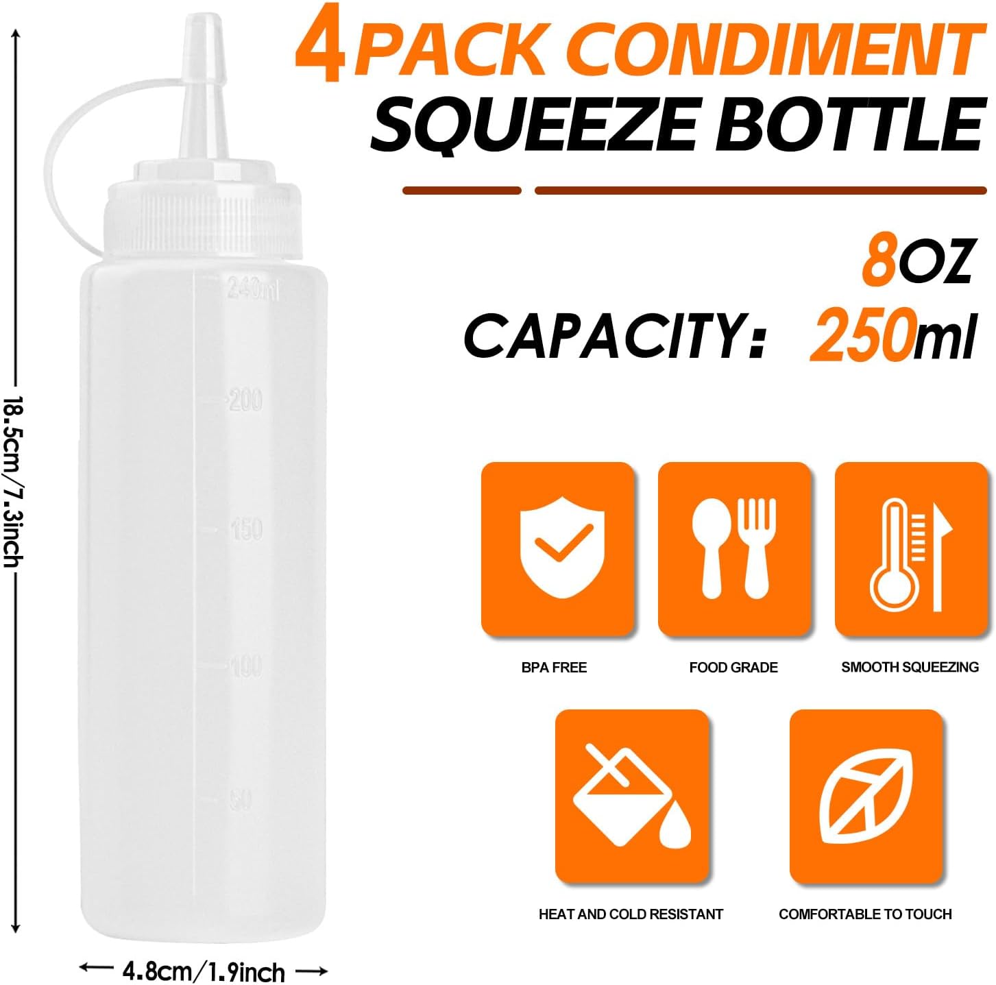 4 Pcs 8 oz Condiment Squeeze Bottles for Sauce, Plastic Squeeze Bottles, Squirt Bottle Oil Container Dispenser for Ketchup, Sauce, BBQ, Grilling, Salad Dressing, Honey,Paint and Craft - Image 2