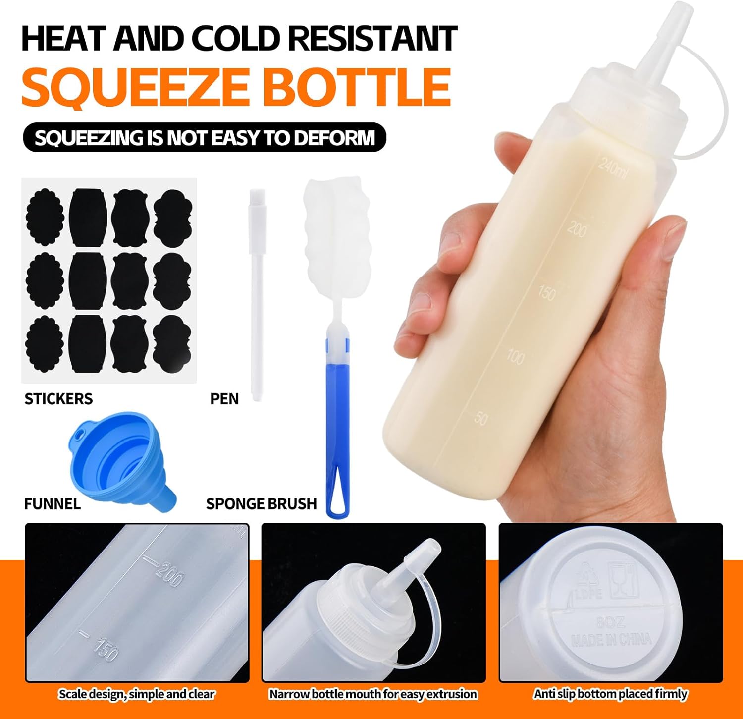 4 Pcs 8 oz Condiment Squeeze Bottles for Sauce, Plastic Squeeze Bottles, Squirt Bottle Oil Container Dispenser for Ketchup, Sauce, BBQ, Grilling, Salad Dressing, Honey,Paint and Craft - Image 3