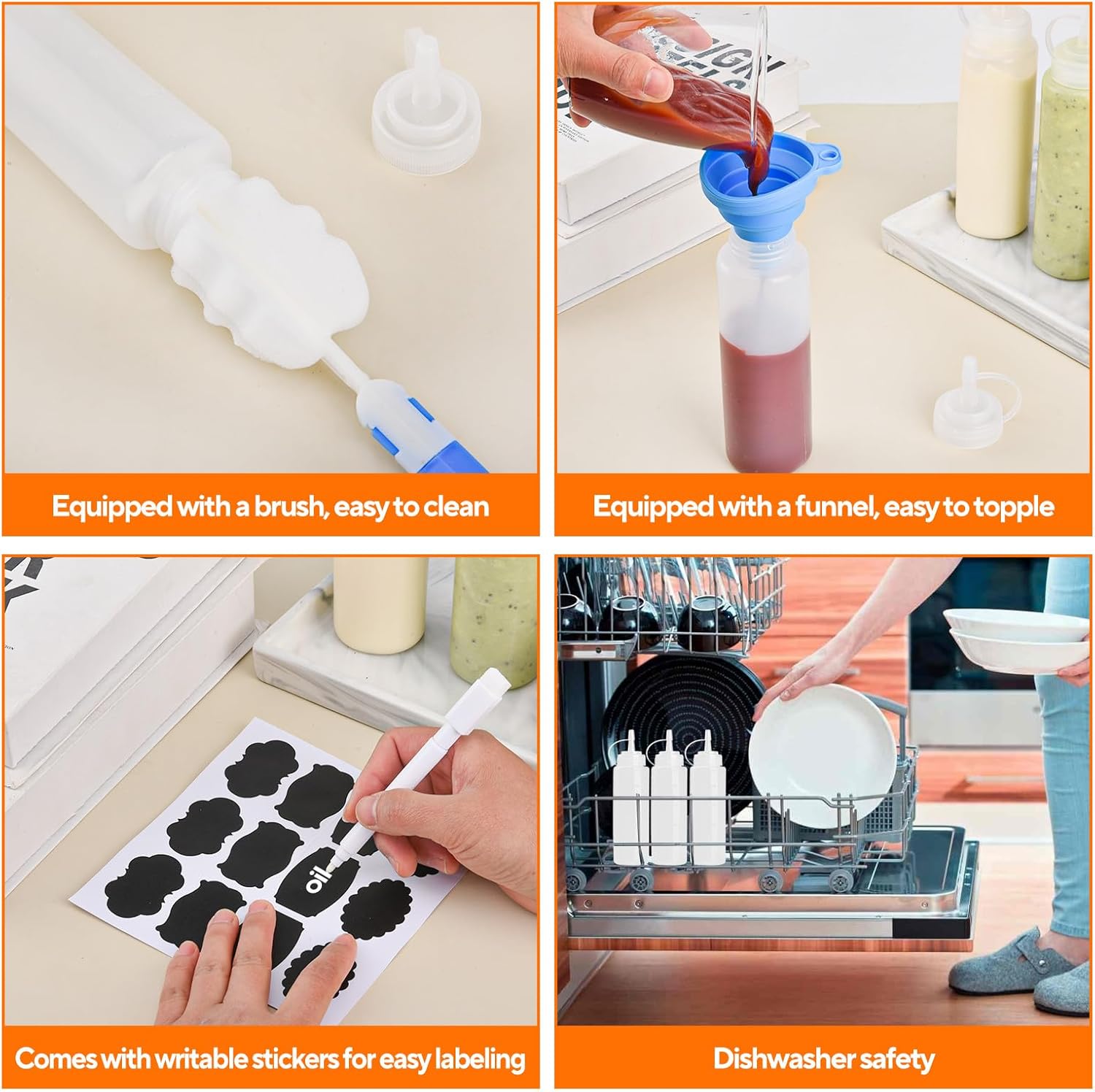 4 Pcs 8 oz Condiment Squeeze Bottles for Sauce, Plastic Squeeze Bottles, Squirt Bottle Oil Container Dispenser for Ketchup, Sauce, BBQ, Grilling, Salad Dressing, Honey,Paint and Craft - Image 4