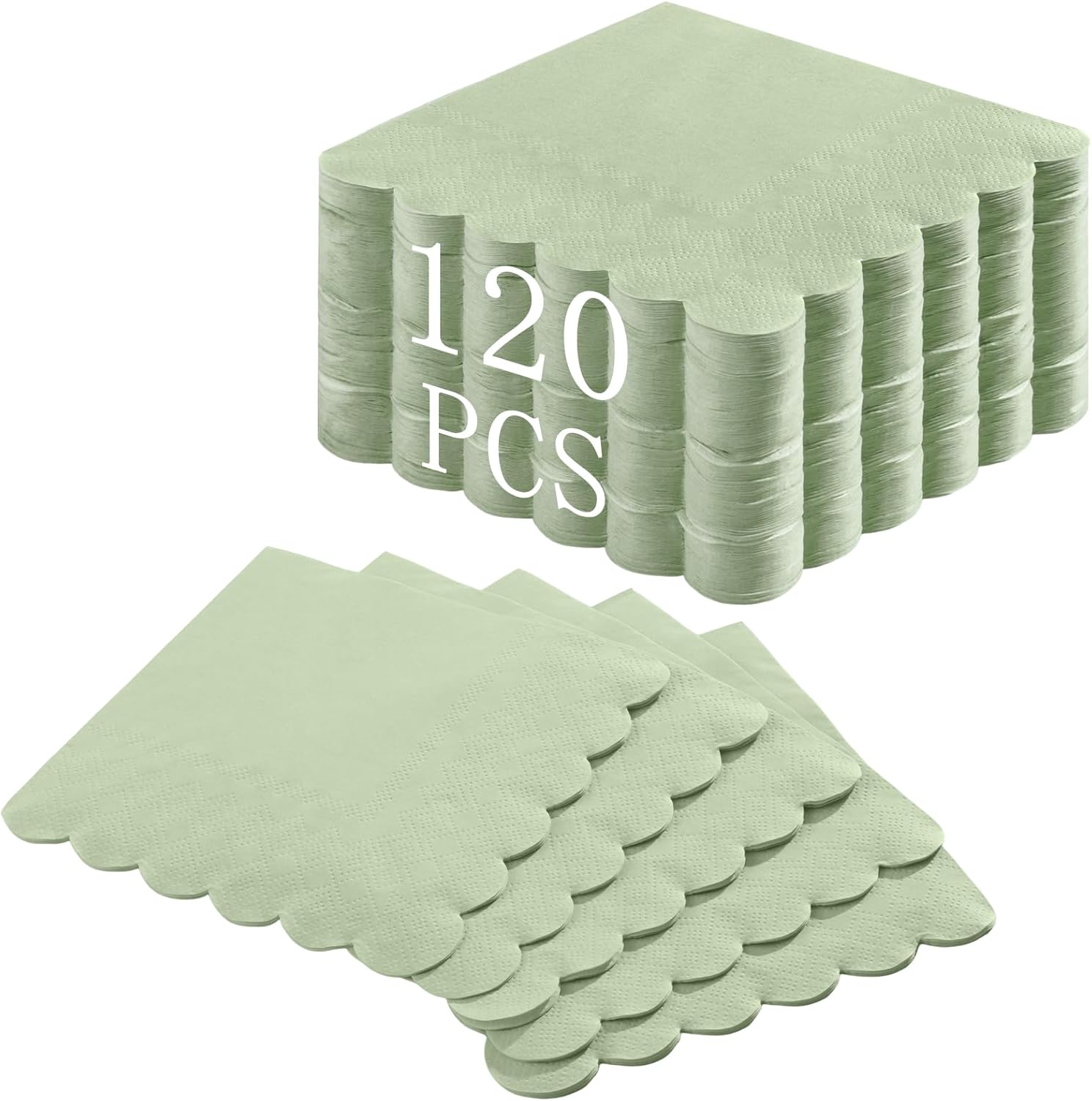 120 Pcs Cocktail Napkins Sage Green Wedding Napkins Disposable Baby Shower Scalloped Napkins for Bridal Shower, Birthday, 5 x 5 Inch - Image 1