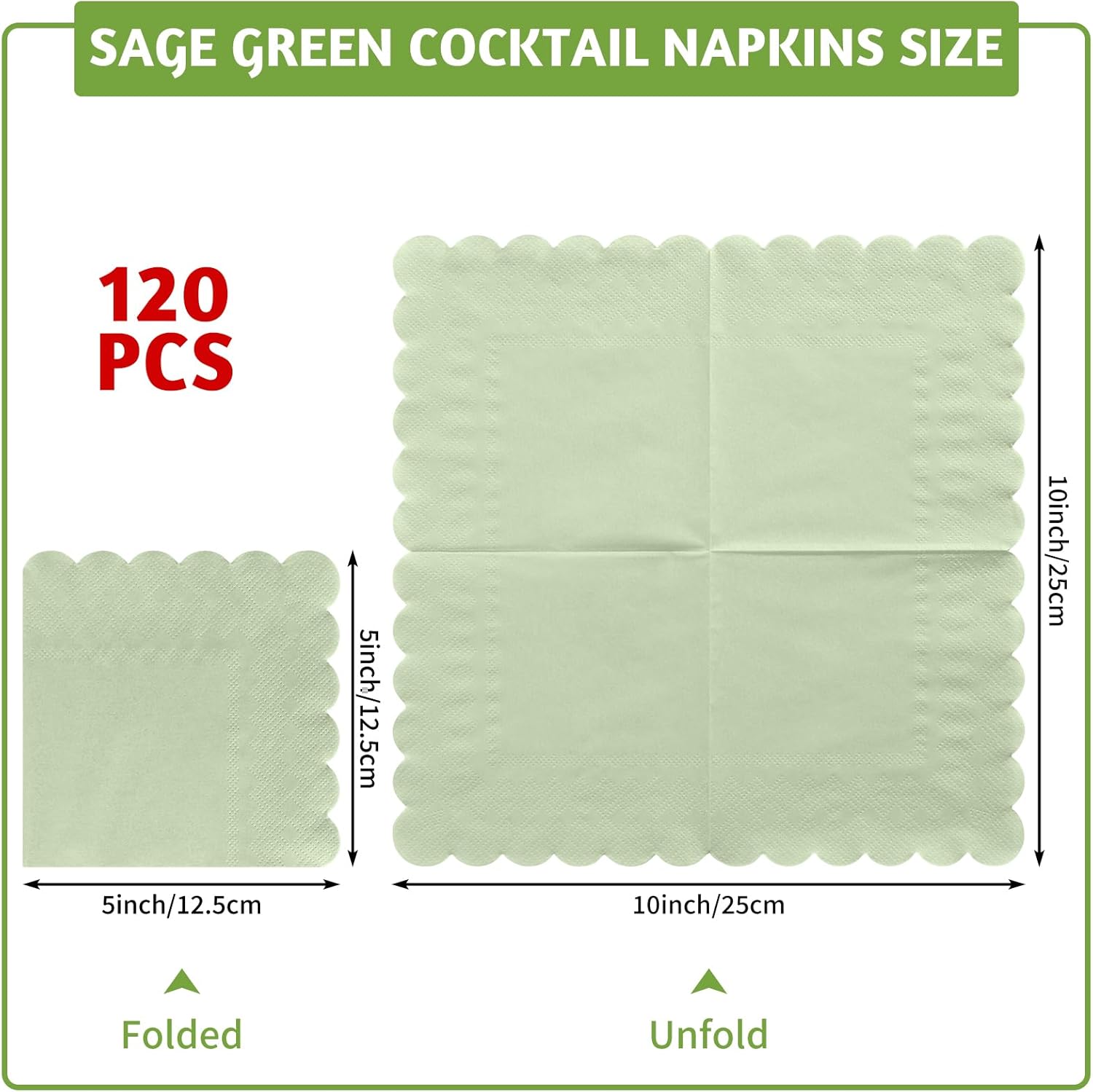 120 Pcs Cocktail Napkins Sage Green Wedding Napkins Disposable Baby Shower Scalloped Napkins for Bridal Shower, Birthday, 5 x 5 Inch - Image 2