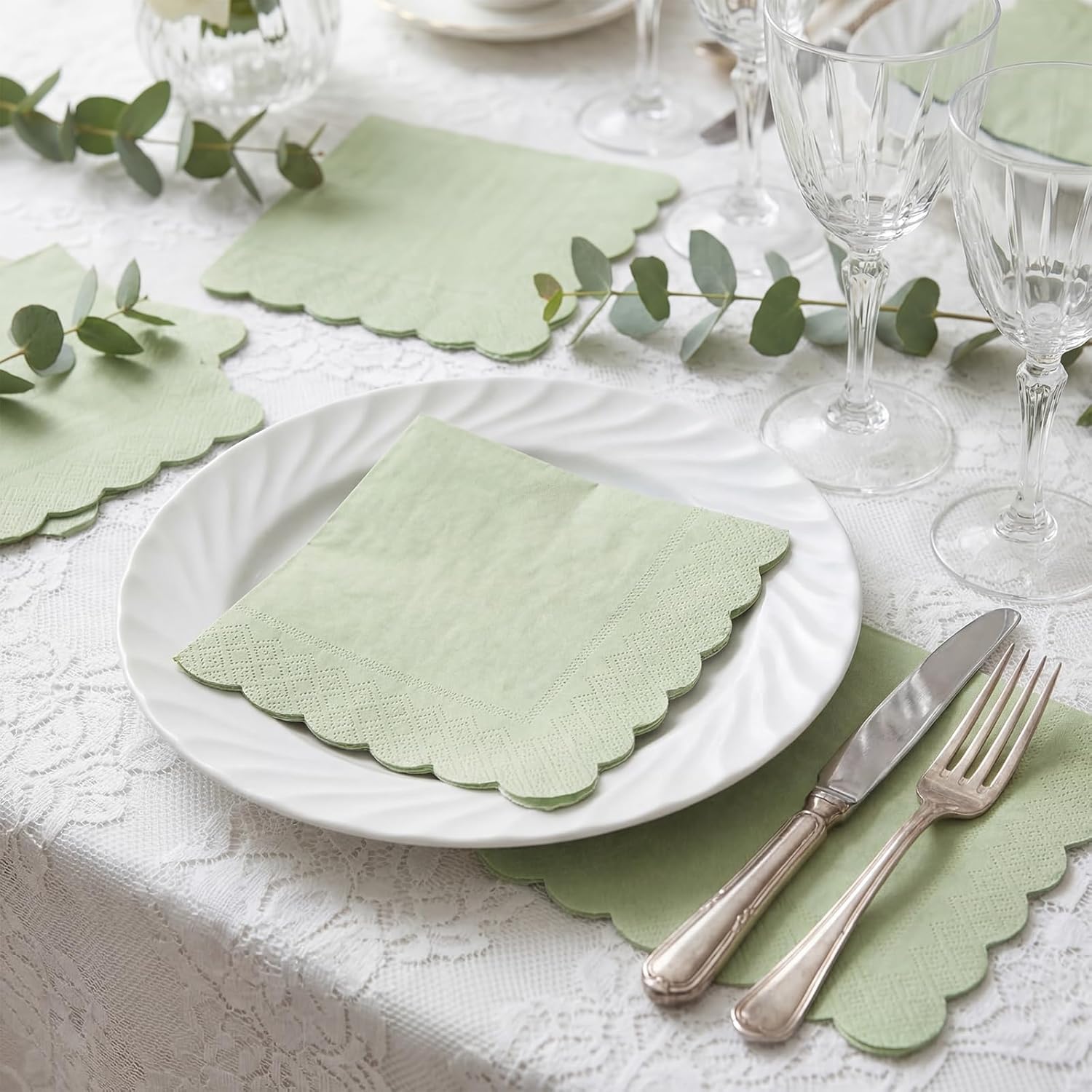 120 Pcs Cocktail Napkins Sage Green Wedding Napkins Disposable Baby Shower Scalloped Napkins for Bridal Shower, Birthday, 5 x 5 Inch - Image 6