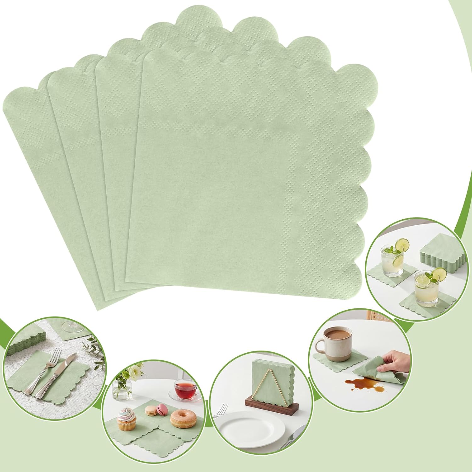 120 Pcs Cocktail Napkins Sage Green Wedding Napkins Disposable Baby Shower Scalloped Napkins for Bridal Shower, Birthday, 5 x 5 Inch - Image 7