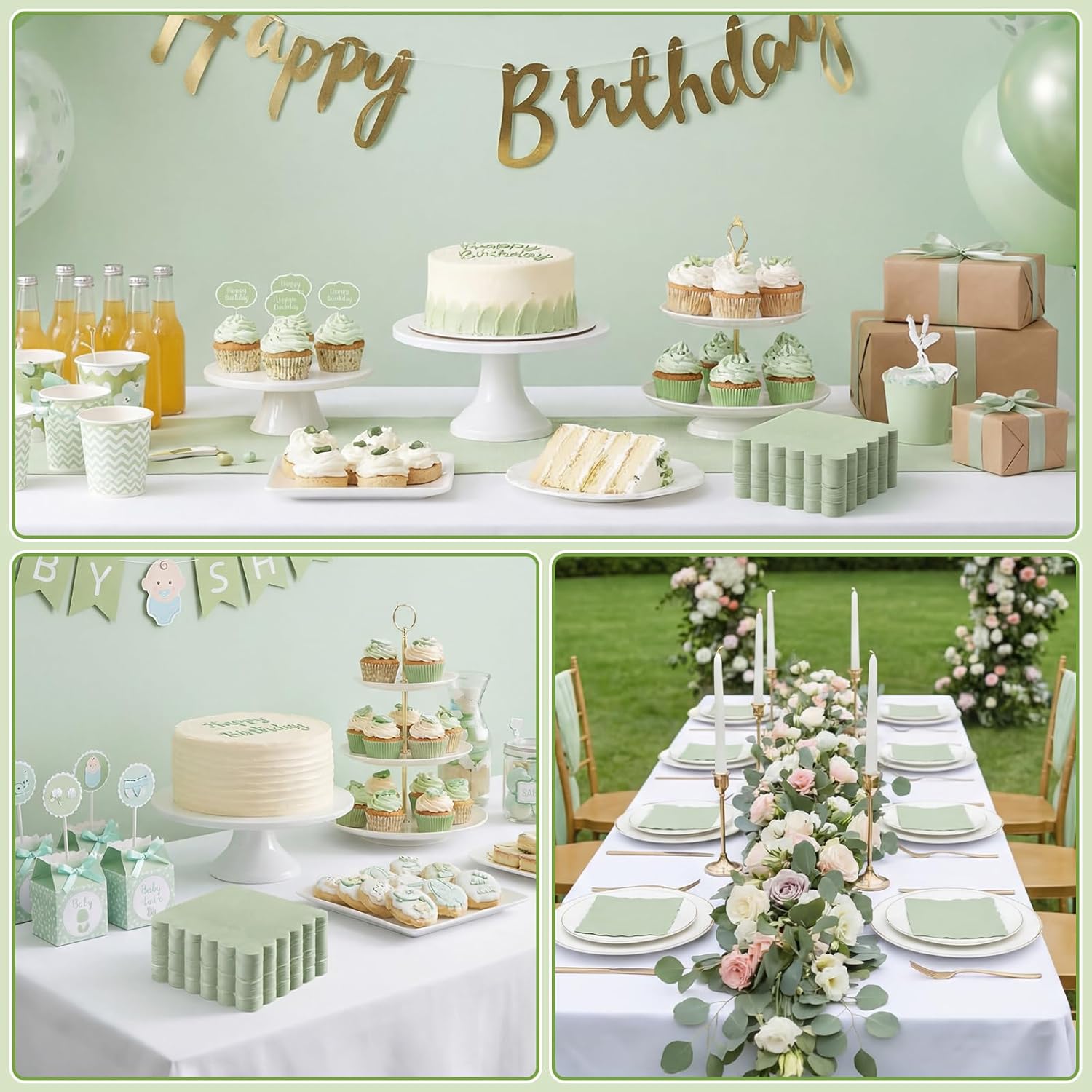 120 Pcs Cocktail Napkins Sage Green Wedding Napkins Disposable Baby Shower Scalloped Napkins for Bridal Shower, Birthday, 5 x 5 Inch - Image 8