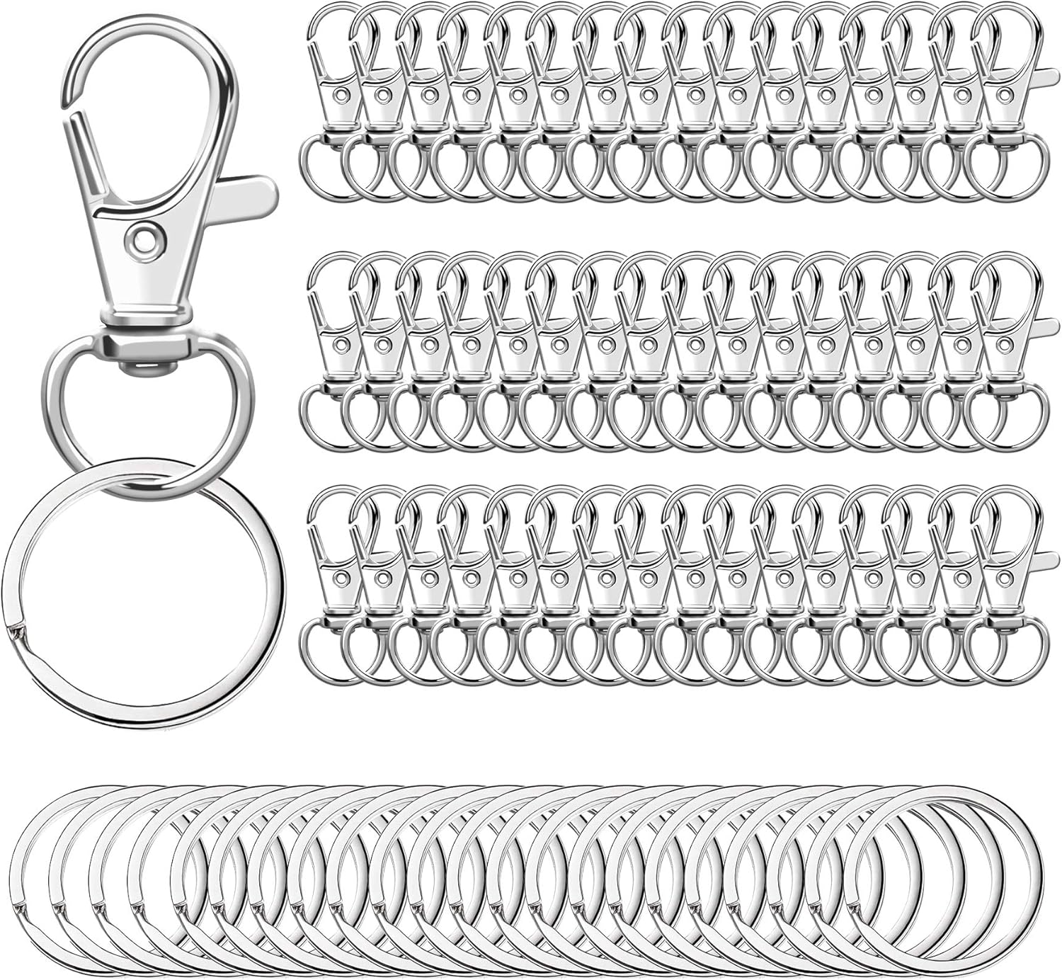 100PCS Swivel Snap Hooks with Key Rings, 50Pcs Key Chain Clip Hooks and 50Pcs Key Rings, Lanyard Lobster Claw Clasps for Keychains Jewelry Art Crafts (Silver) - Image 1