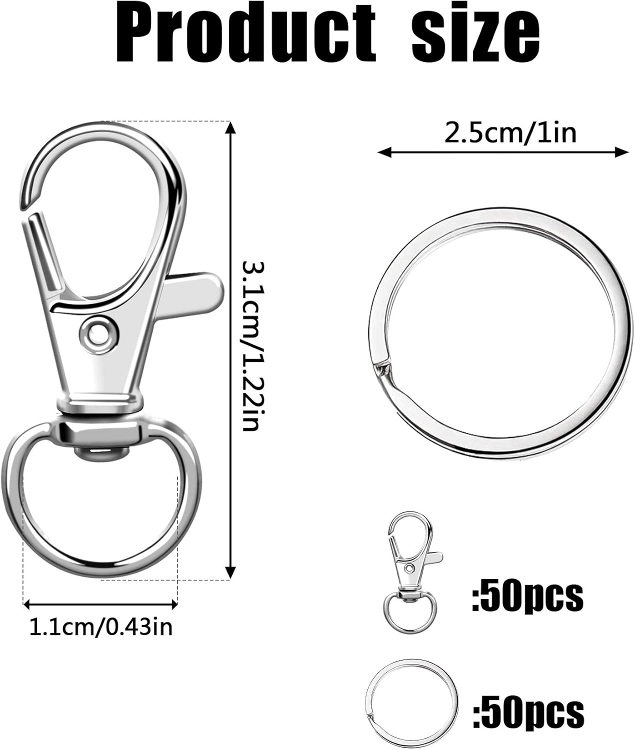 100PCS Swivel Snap Hooks with Key Rings, 50Pcs Key Chain Clip Hooks and 50Pcs Key Rings, Lanyard Lobster Claw Clasps for Keychains Jewelry Art Crafts (Silver) - Image 2