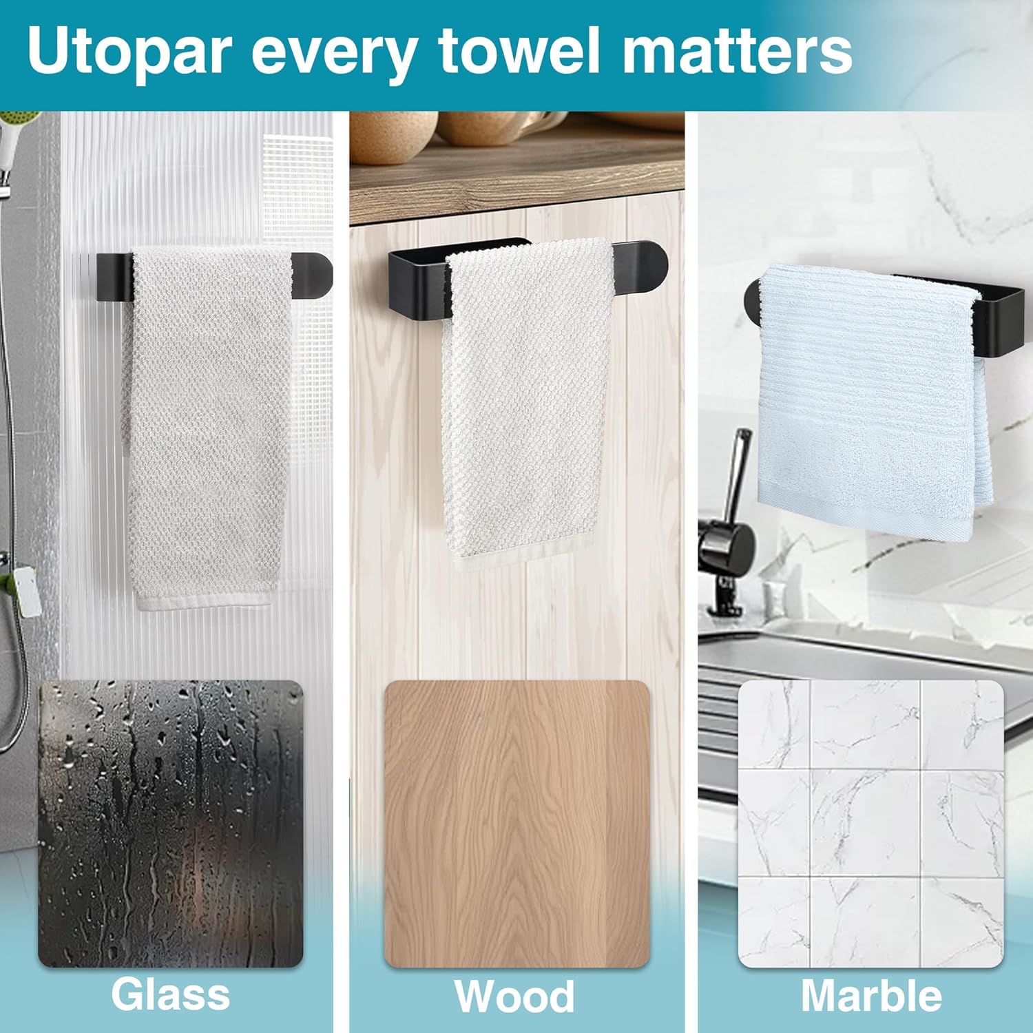 8 Inch Hand Towel Holder, Self Adhesive Towel Bar for Bathroom, Rustproof Aluminum U-Shape Towel Rack Stick on Wall, Black - Image 8