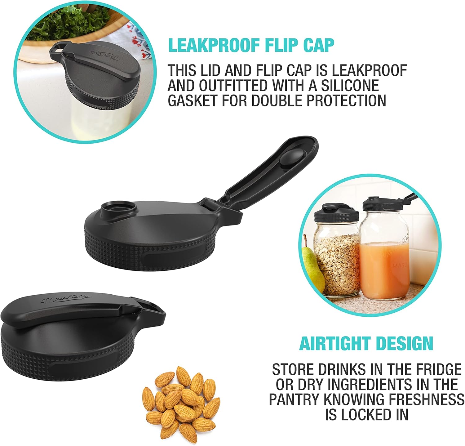Multi Top Flip Cap Mason Jar Lid - Regular Mouth Mason Jar Pour Lids Small Mouth Mason Jar Lids Pour Spout and Flip Cap – Sip, Pour, Store & More - Leakproof Mason Jar Pour Spout Lid 2-Pack - Image 3