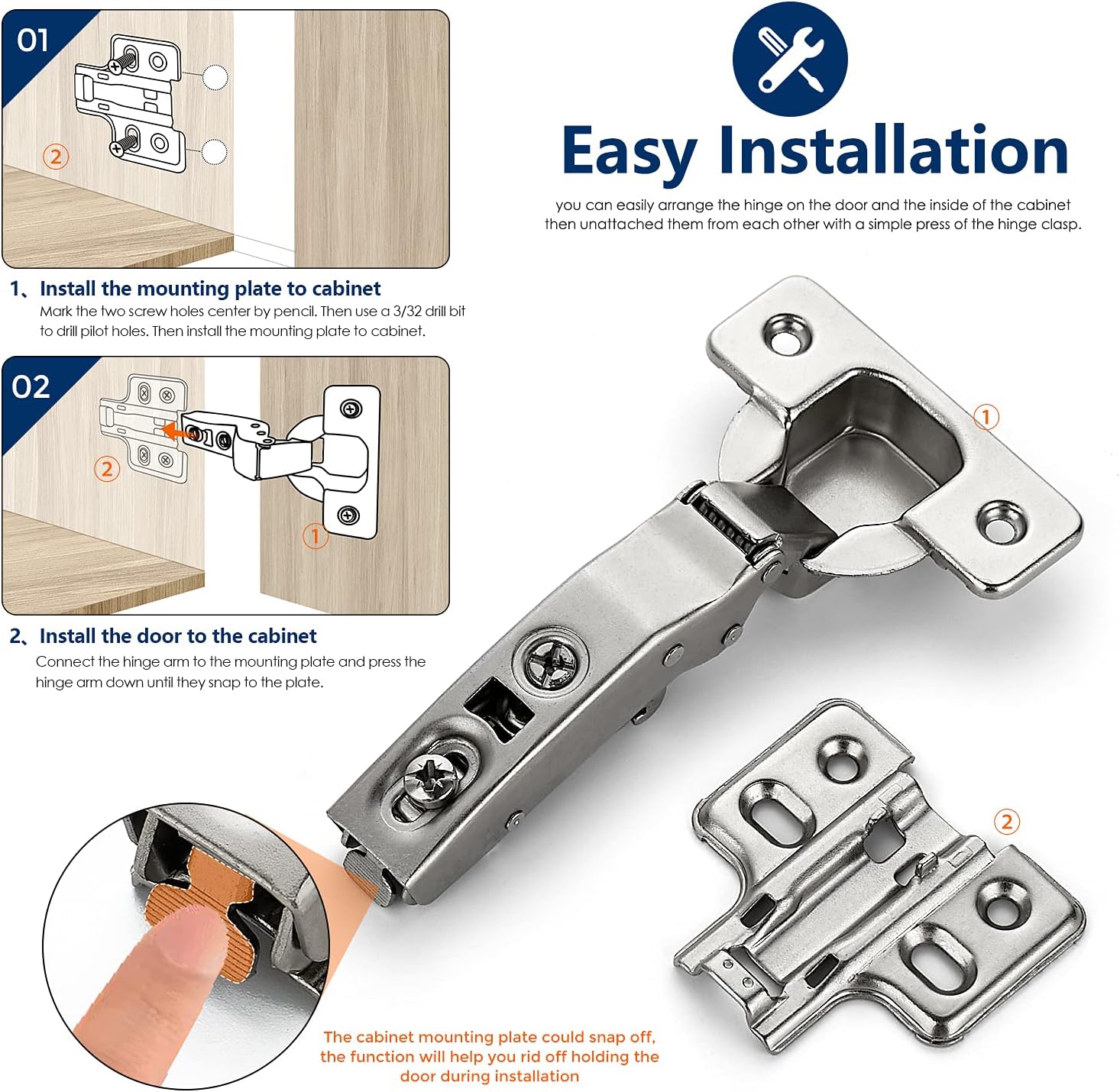 10 Pack 5 Pairs European Kitchen Cabinet Hinges Soft Close Full Overlay Cabinet Door Hinges Heavy-Duty Frameless Adjustable Concealed Cabinet Cup Hinge - Image 4