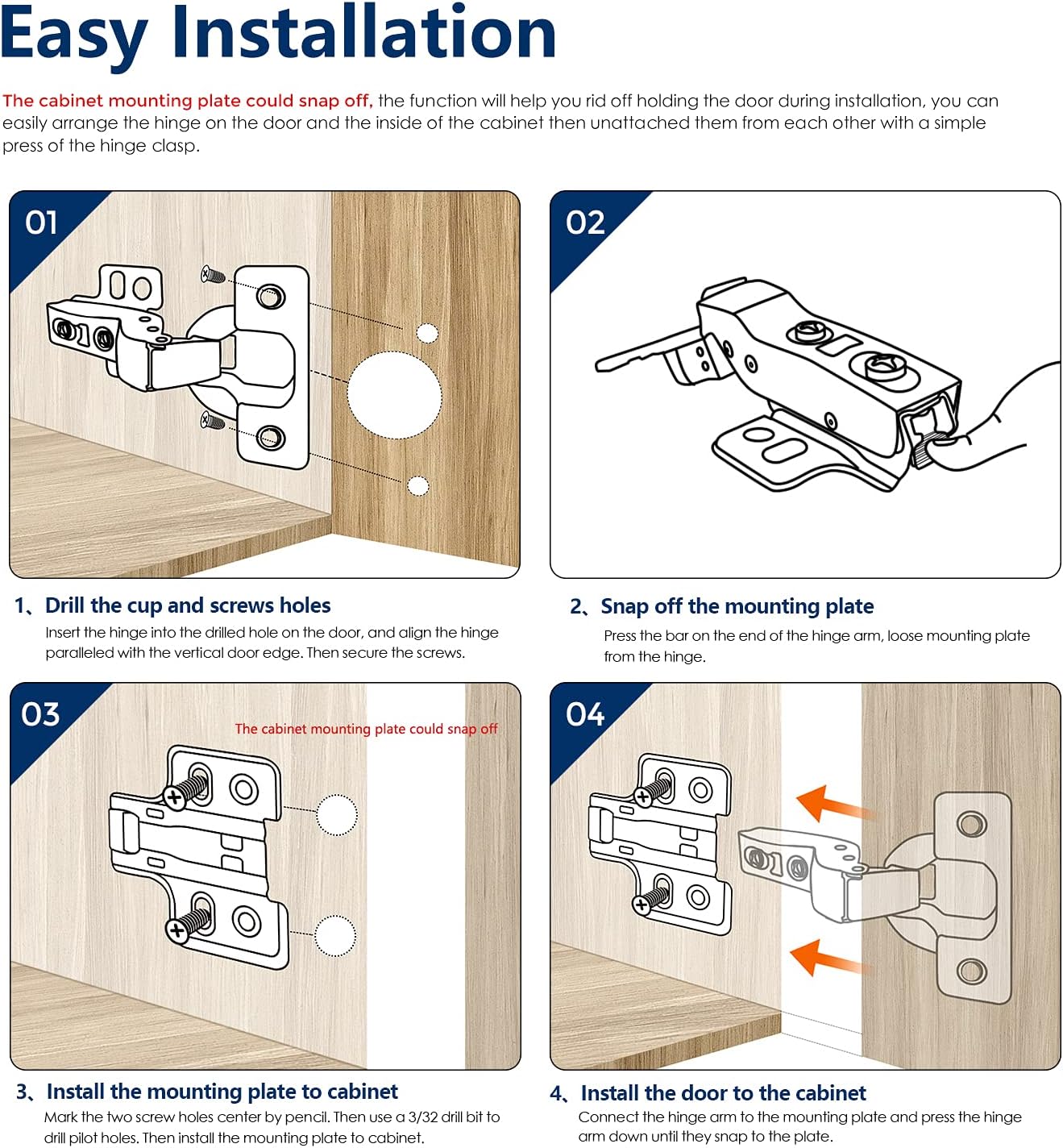10 Pack 5 Pairs European Kitchen Cabinet Hinges Soft Close Full Overlay Cabinet Door Hinges Heavy-Duty Frameless Adjustable Concealed Cabinet Cup Hinge - Image 7