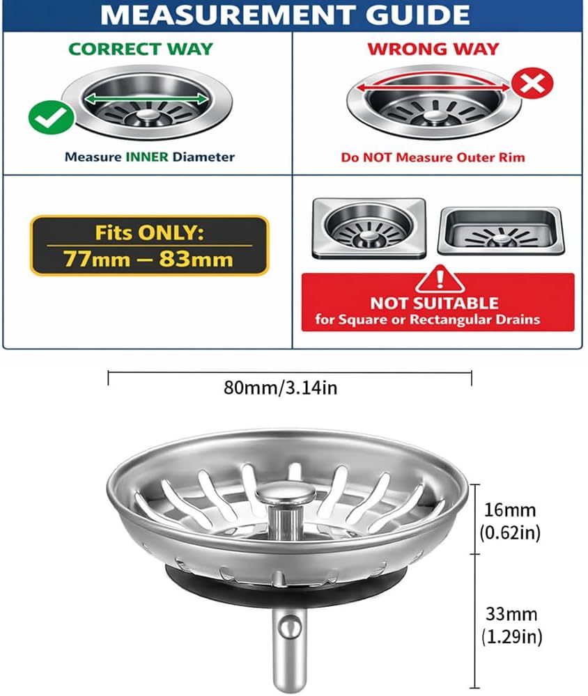 [2 Pack]  Kitchen Sink Strainer - Sink Drain Stopper - Kitchen Sink Plug with Anti-Clogging Basket - Bouchon Evier Cuisine - Compatible with 79–83mm Inner Diameter - Image 2