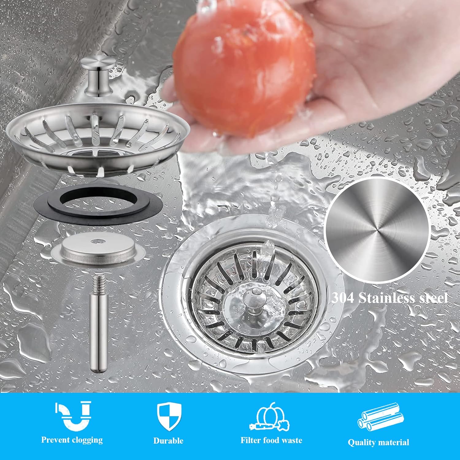 [2 Pack]  Kitchen Sink Strainer - Sink Drain Stopper - Kitchen Sink Plug with Anti-Clogging Basket - Bouchon Evier Cuisine - Compatible with 79–83mm Inner Diameter - Image 6