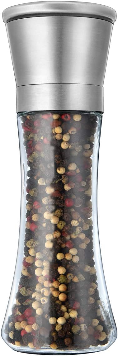 Pepper Grinder or Salt Grinder, Best Spice Mill with Ceramic Blades, Adjustable Coarseness, Brushed Stainless Steel Cap, and Refillable Tall Glass Body with 6OZ Capacity (7.5
