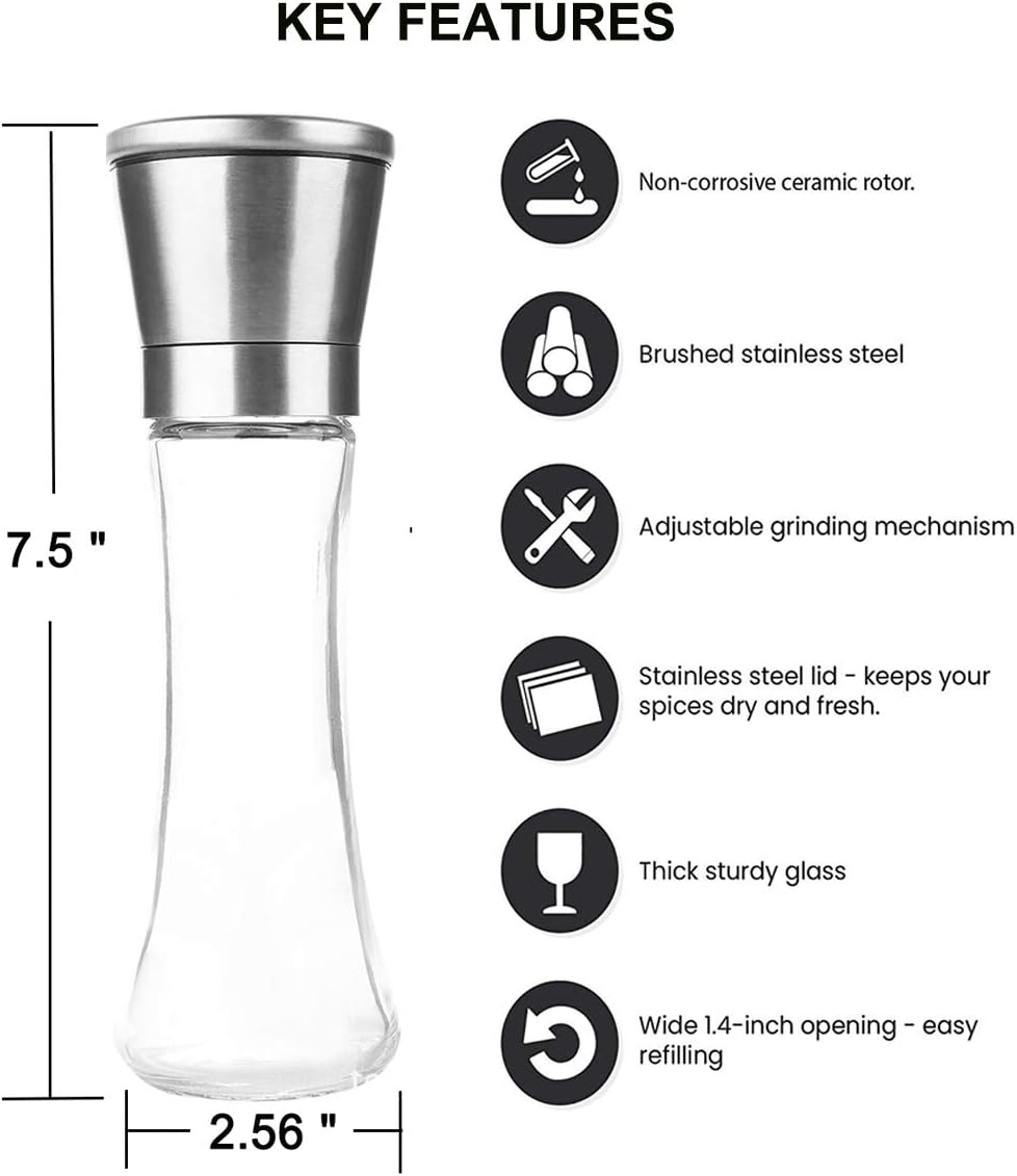 Pepper Grinder or Salt Grinder, Best Spice Mill with Ceramic Blades, Adjustable Coarseness, Brushed Stainless Steel Cap, and Refillable Tall Glass Body with 6OZ Capacity (7.5