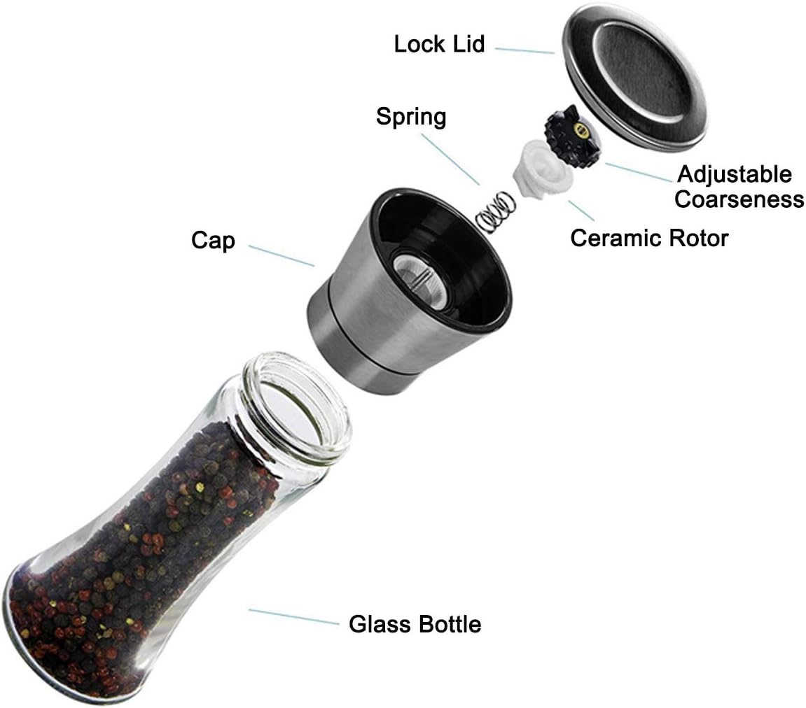 Pepper Grinder or Salt Grinder, Best Spice Mill with Ceramic Blades, Adjustable Coarseness, Brushed Stainless Steel Cap, and Refillable Tall Glass Body with 6OZ Capacity (7.5