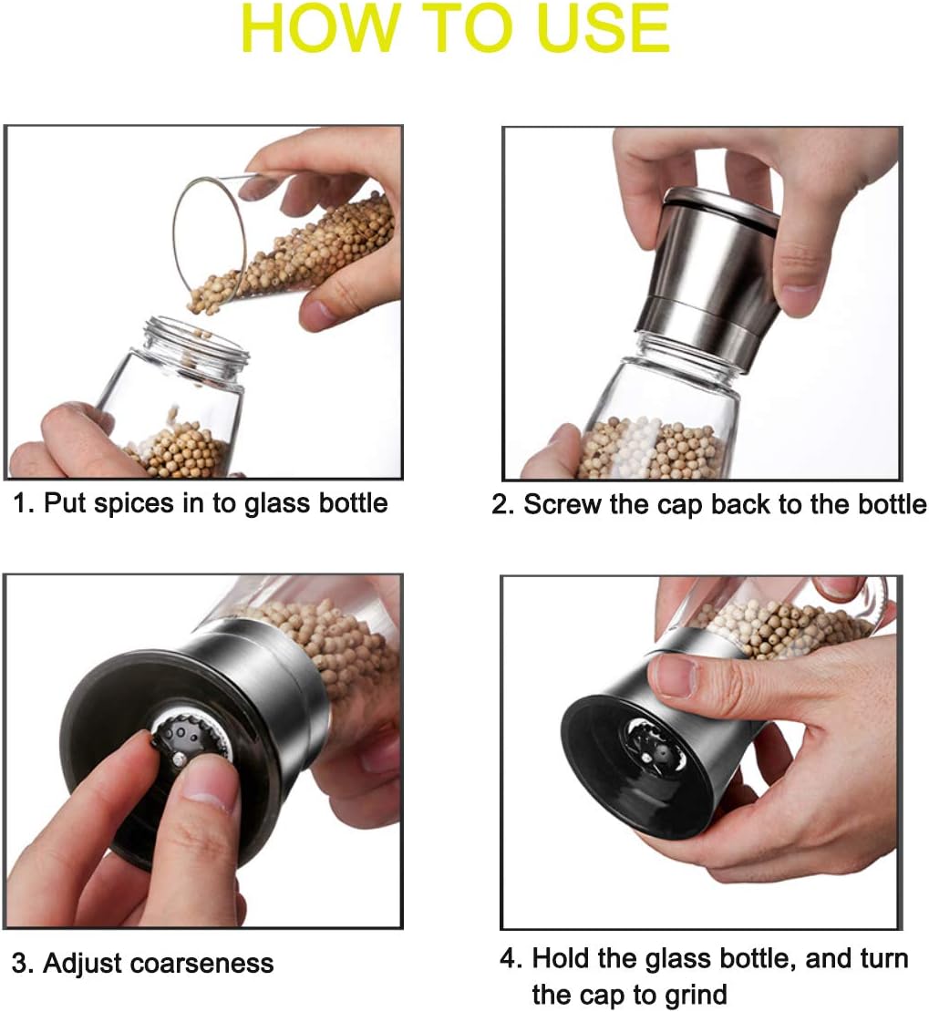Pepper Grinder or Salt Grinder, Best Spice Mill with Ceramic Blades, Adjustable Coarseness, Brushed Stainless Steel Cap, and Refillable Tall Glass Body with 6OZ Capacity (7.5