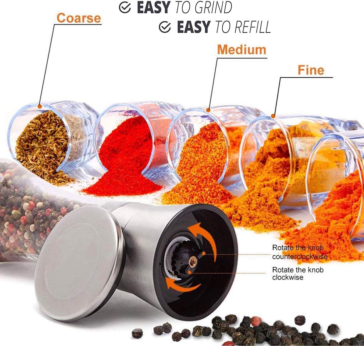 Pepper Grinder or Salt Grinder, Best Spice Mill with Ceramic Blades, Adjustable Coarseness, Brushed Stainless Steel Cap, and Refillable Tall Glass Body with 6OZ Capacity (7.5