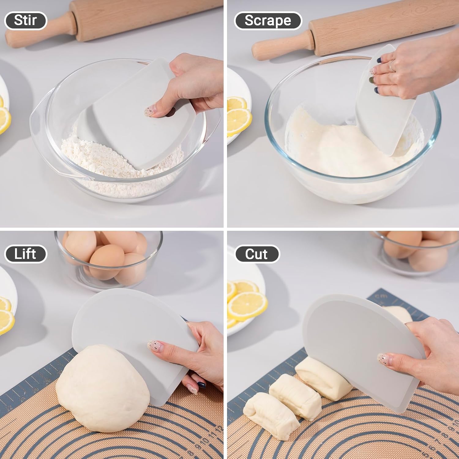 Silicone Bowl Scraper Flexible Curved Edge, Food Grade Bench Dough Scraper for Baking Sourdough Bread, Cake, Fondant Icing, Heat- Resistance Kitchen Dish Pan Scrapers (5.98
