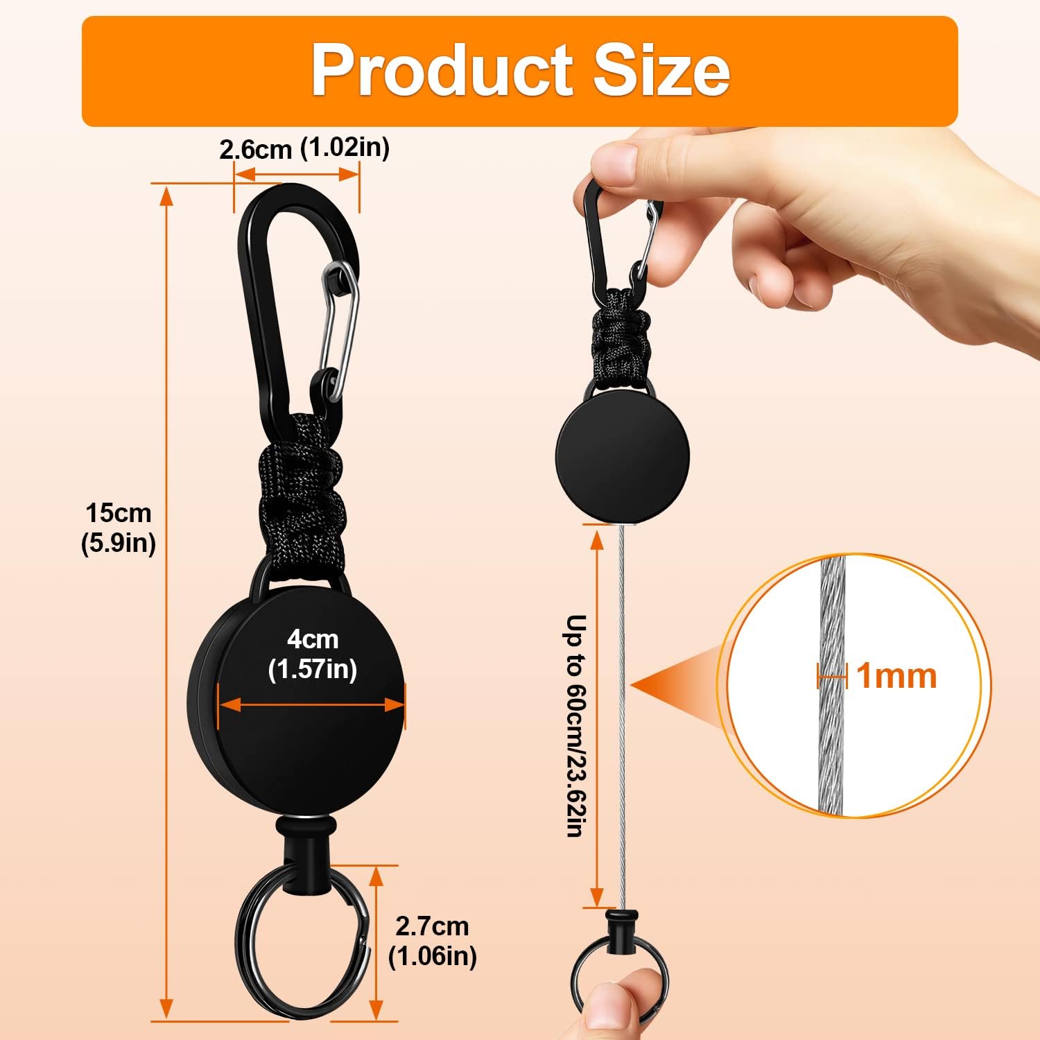 Retractable Keychain 3 Pack Heavy Duty Carabiner Badge Holder Badge Reel ID Holder with Steel Cord Extendable Key Ring - Image 3