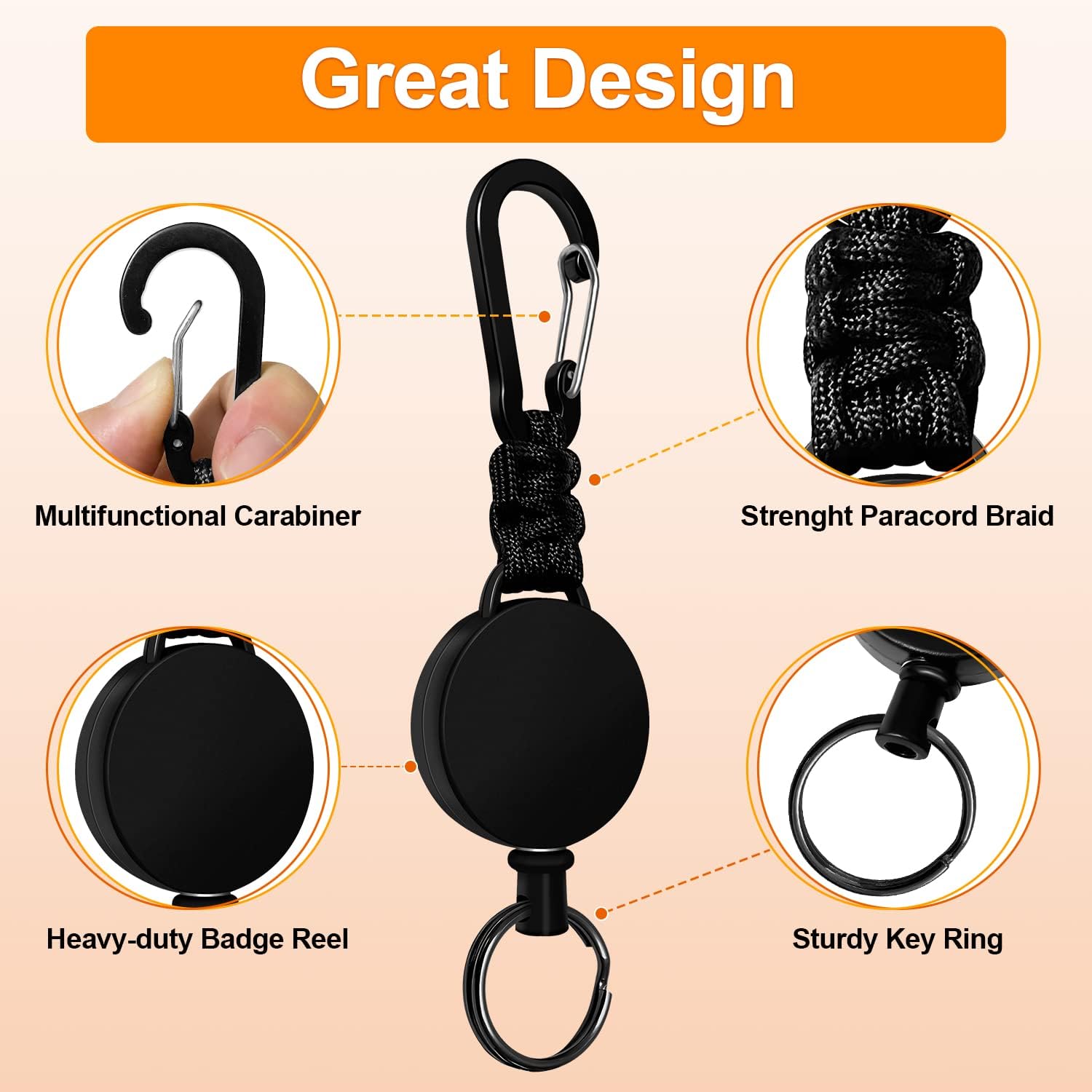 Retractable Keychain 3 Pack Heavy Duty Carabiner Badge Holder Badge Reel ID Holder with Steel Cord Extendable Key Ring - Image 4